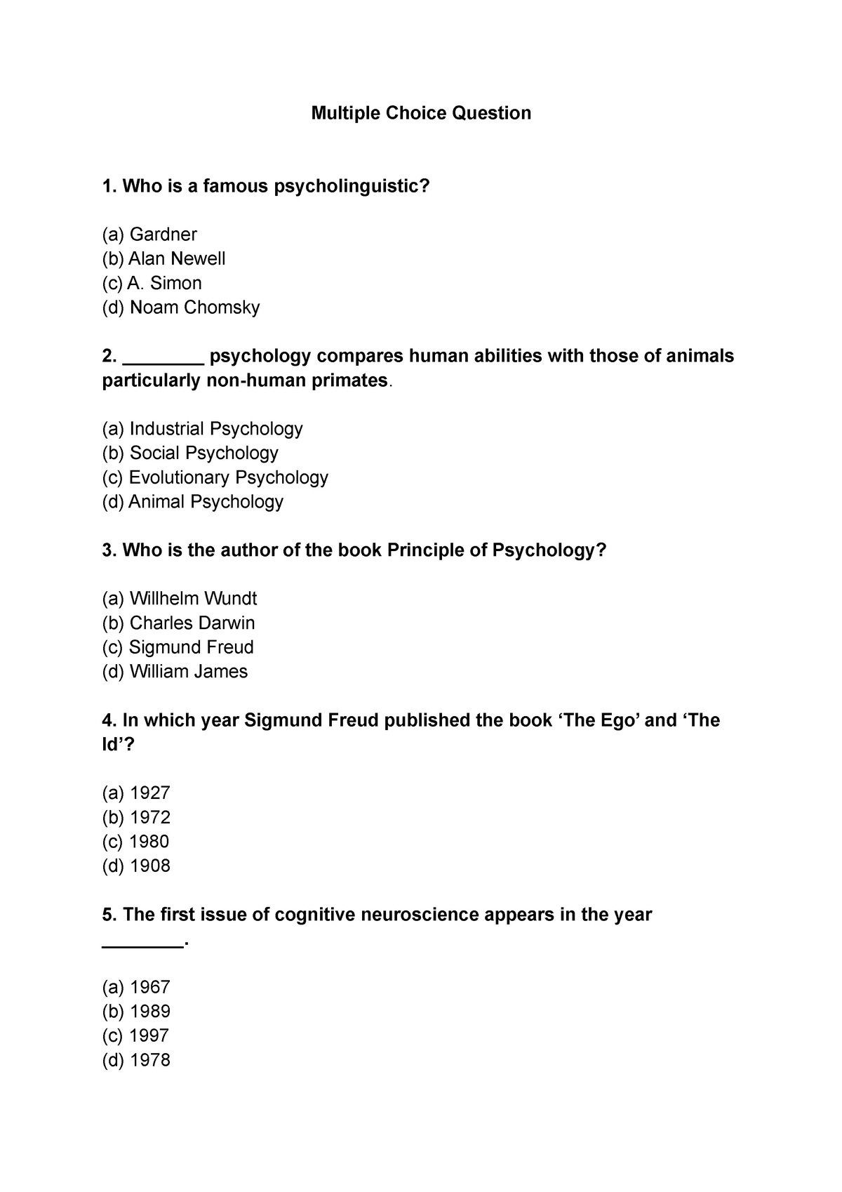 Multiple Choice Question Human Physiology - Multiple Choice Question 1 ...