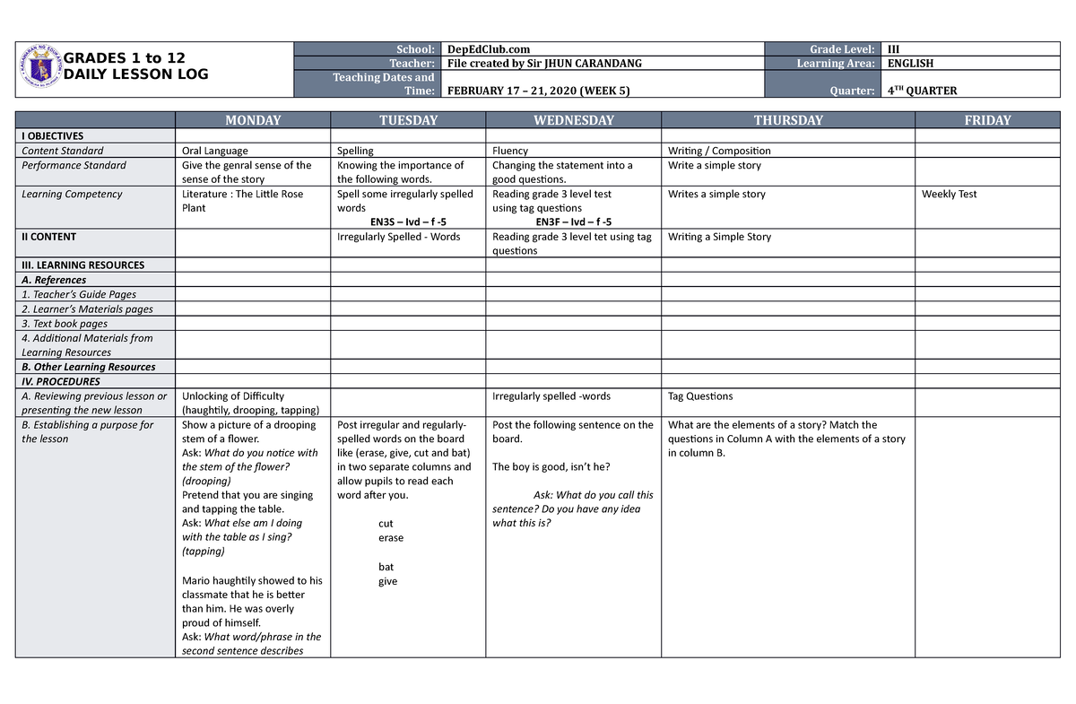 Dll English 3 Q4 W5 - Dll - Grades 1 To 12 Daily Lesson Log School 