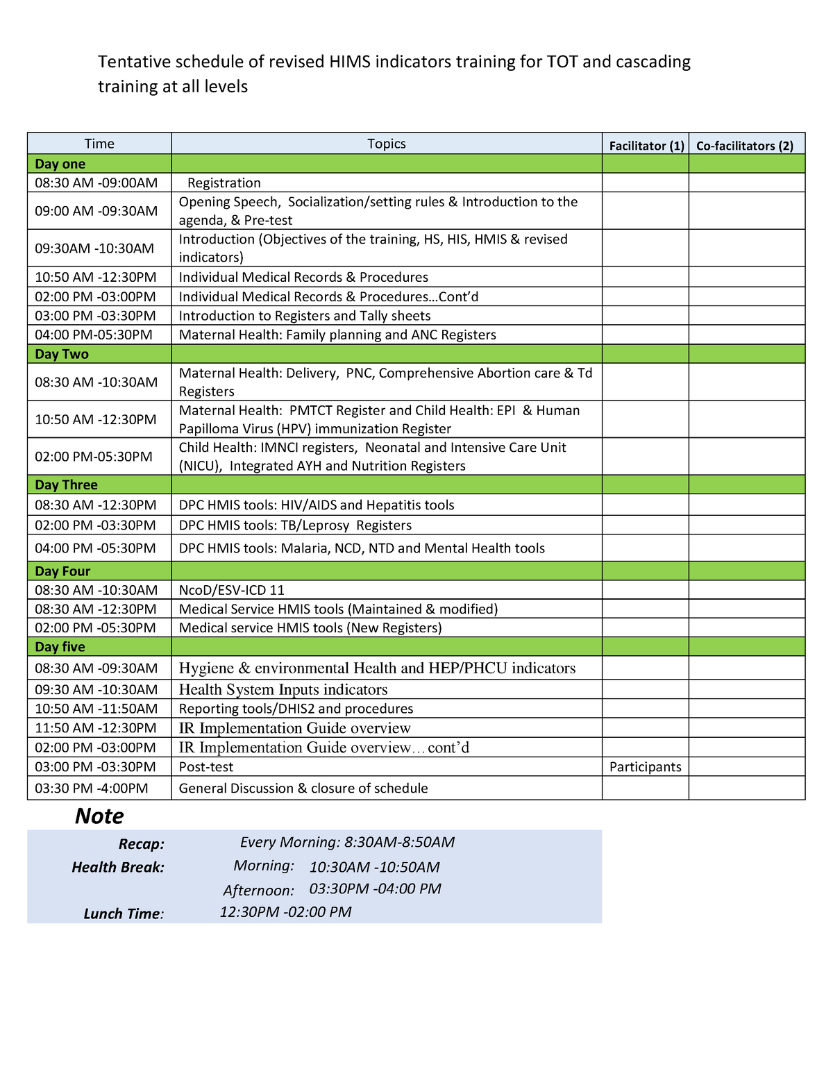 Revised HMIS Indicators Training Schedule Tentative schedule of