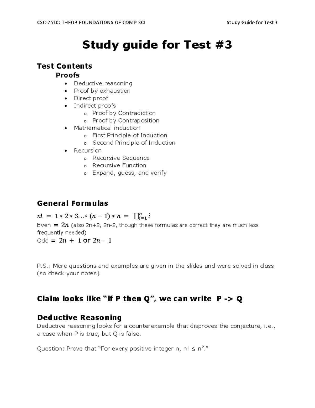 [CSC 2510]Study Guide Test 3 - Upd - Study Guide For Test Test Contents ...