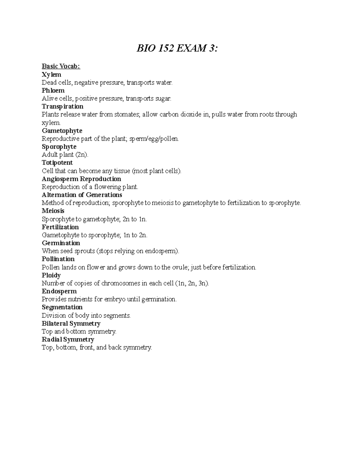 BIO 152 EXAM 3 - Key Topics - BIO 152 EXAM 3: Basic Vocab: Xylem Dead ...