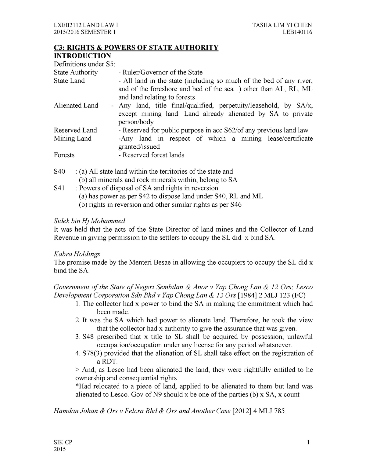 Notes 1 Land Law Land Law I Lia2005 Studocu