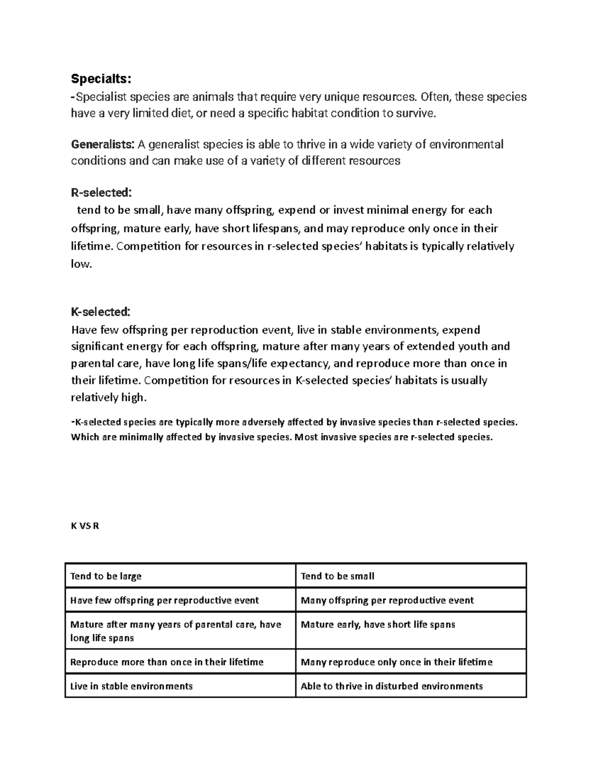 Unit 3 Review (k, population Specialts Specialist species are
