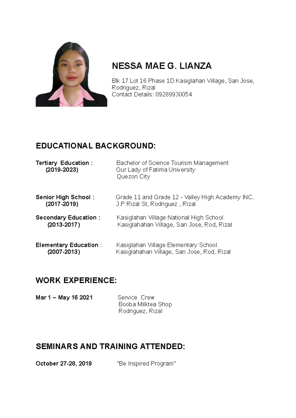 Nessa-Resume - requirements - NESSA MAE G. LIANZA Blk 17 Lot 16 Phase ...