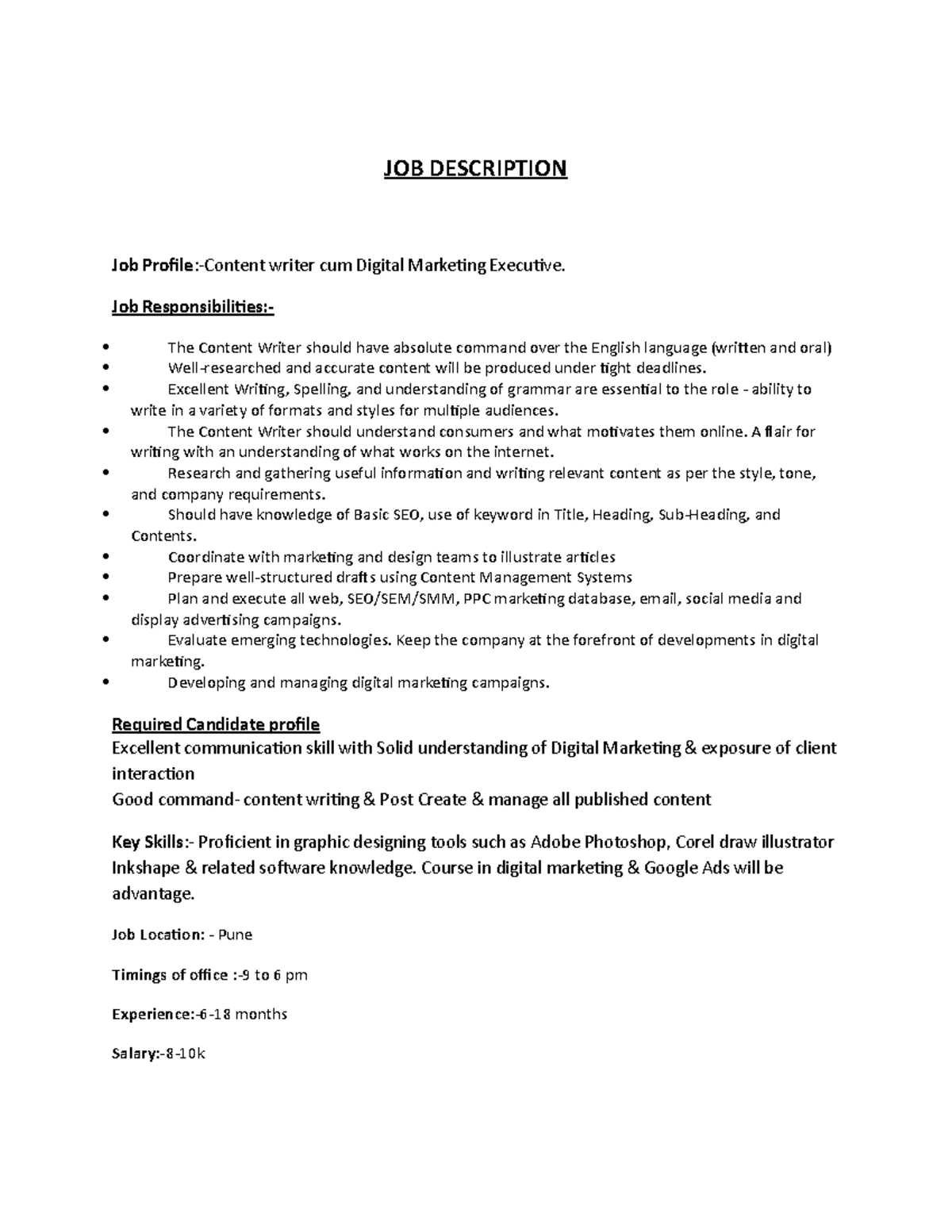 JOB Description for content Writer - JOB DESCRIPTION Job Profile ...