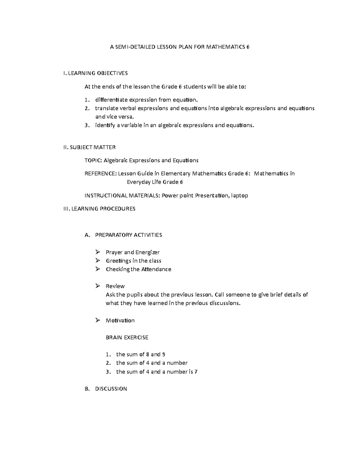 Mathlp Lesson Plan A Semi Detailed Lesson Plan For Mathematics 6 I Learning Objectives At 6507