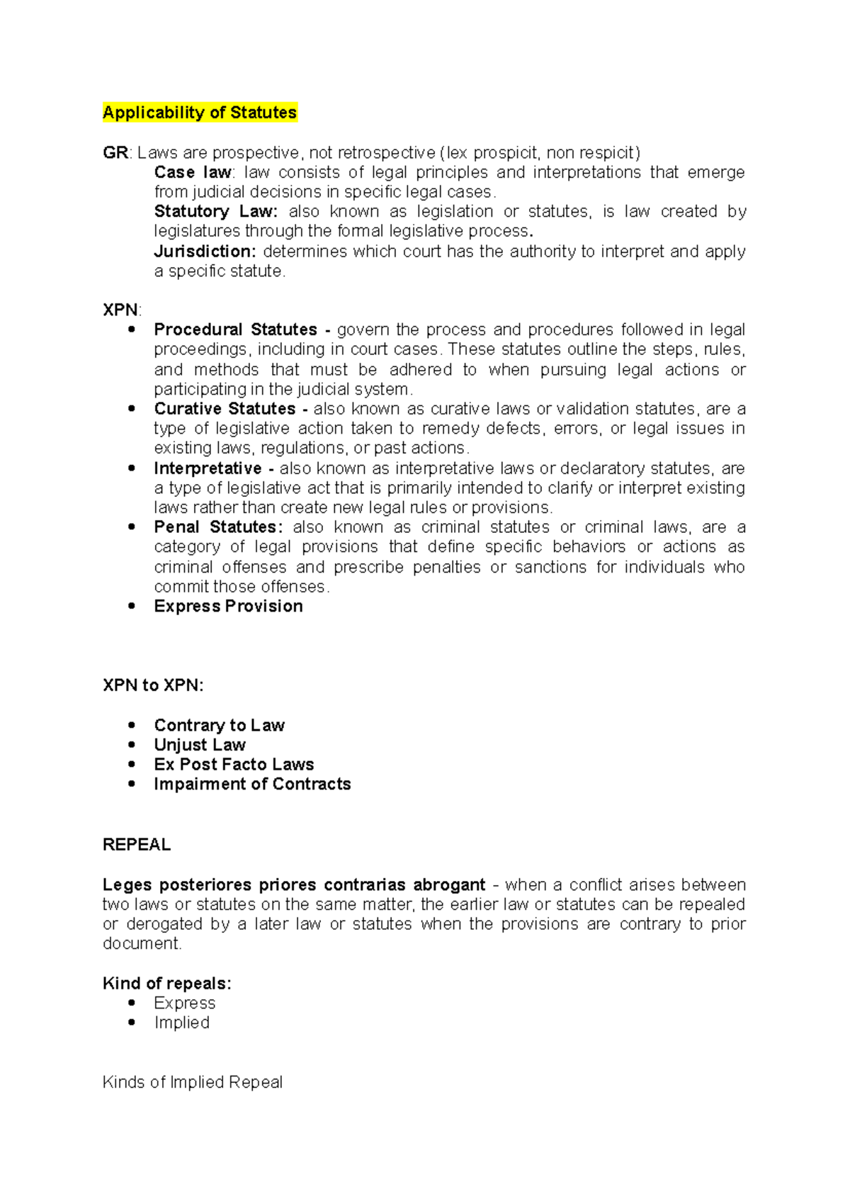 Prelims-summary 2 - Prelims guide - Applicability of Statutes GR: Laws ...