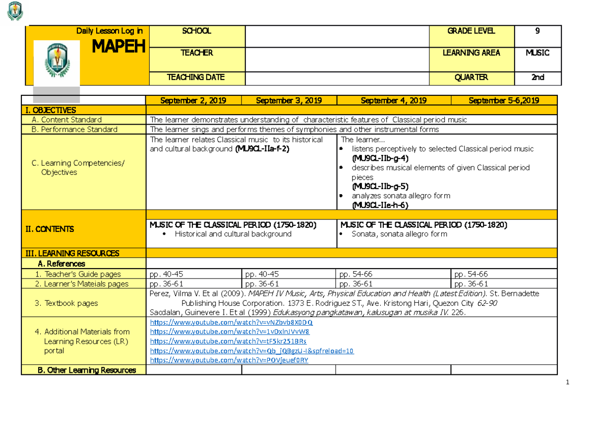 Q2 Grade 9 Music DLL Week 1 - Daily Lesson Log in MAPEH SCHOOL GRADE ...
