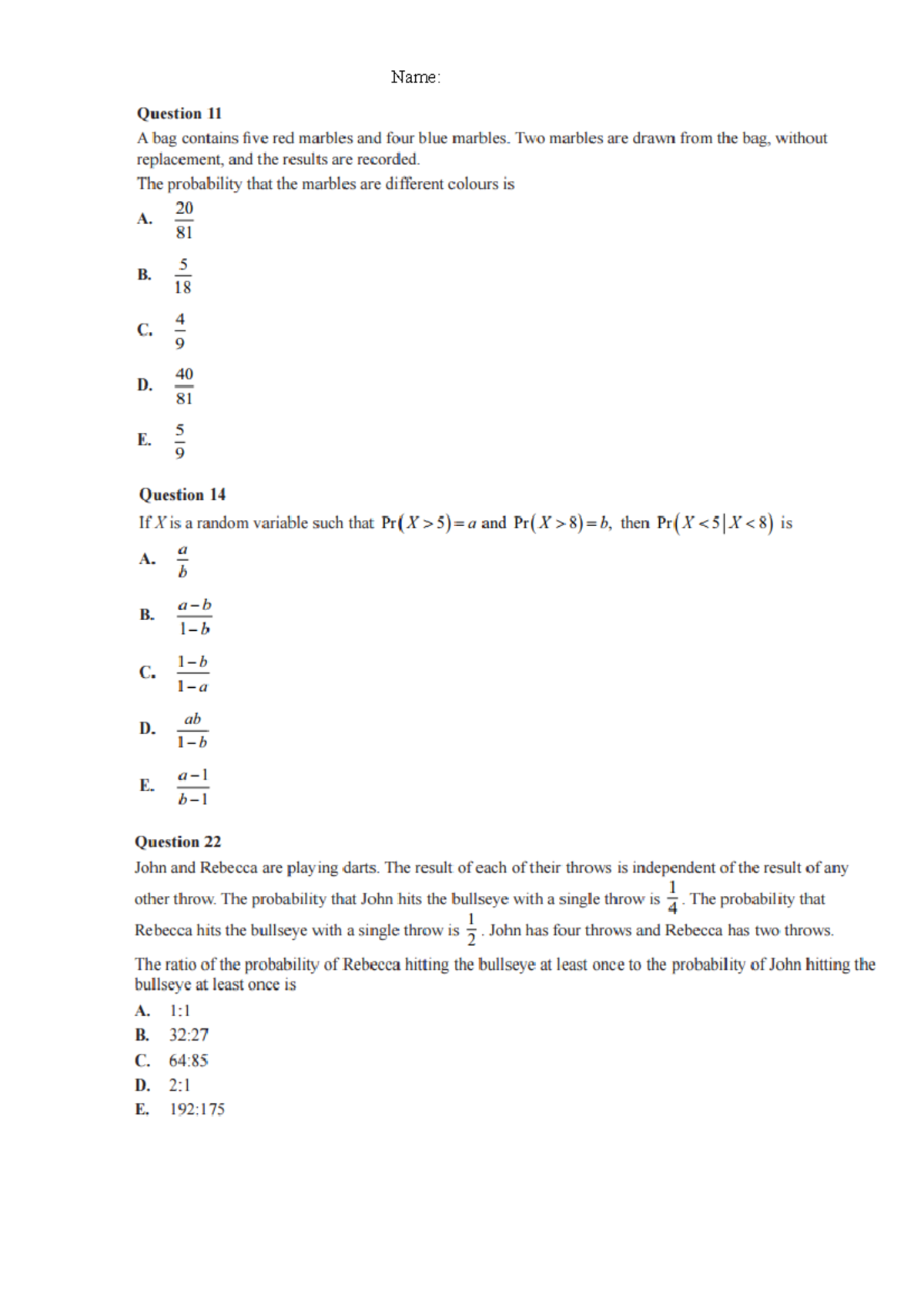 Discrete Distrubtions Exam Question Sheet p.1 - Name ...