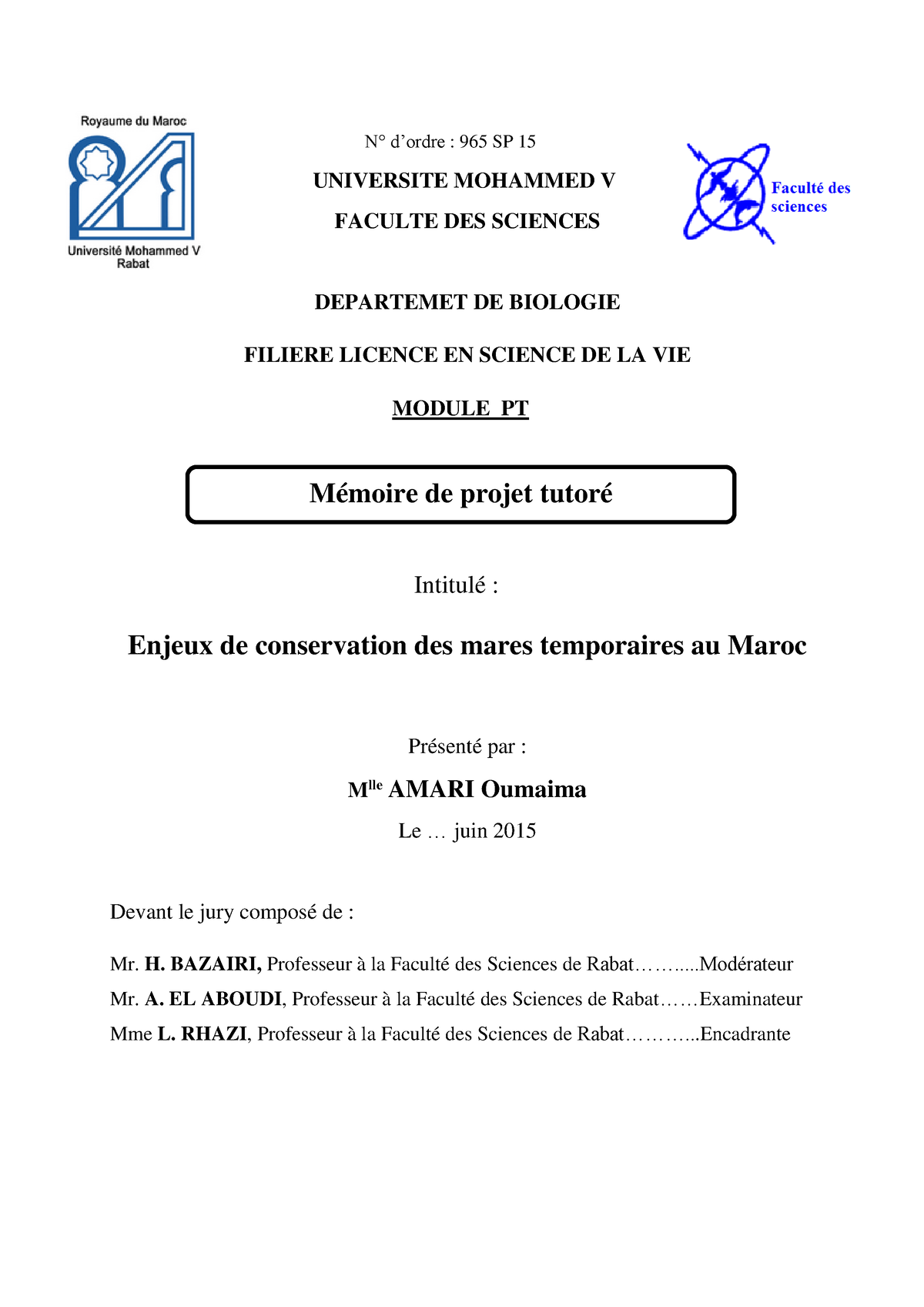 SDIC-PL0143 - PFE CHIMIE - N° D’ordre : 965 SP 15 UNIVERSITE MOHAMMED V ...