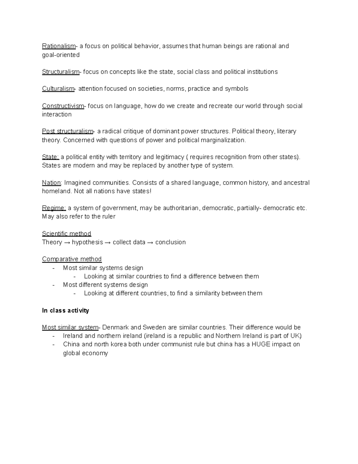 Politics Notes - Rationalism- a focus on political behavior, assumes ...