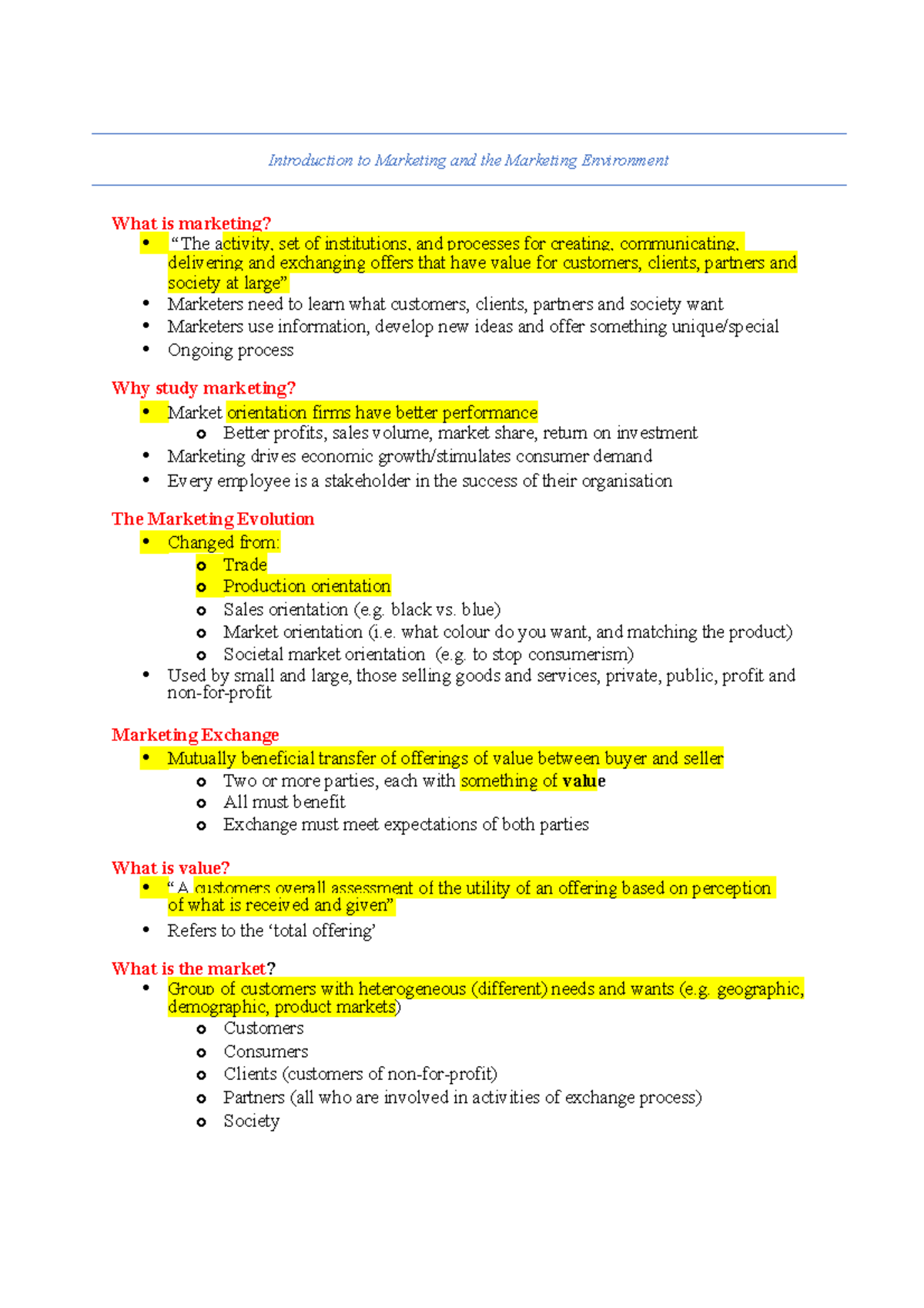 Week 1 - Lecture notes 1 - Introduction to Marketing and the Marketing ...