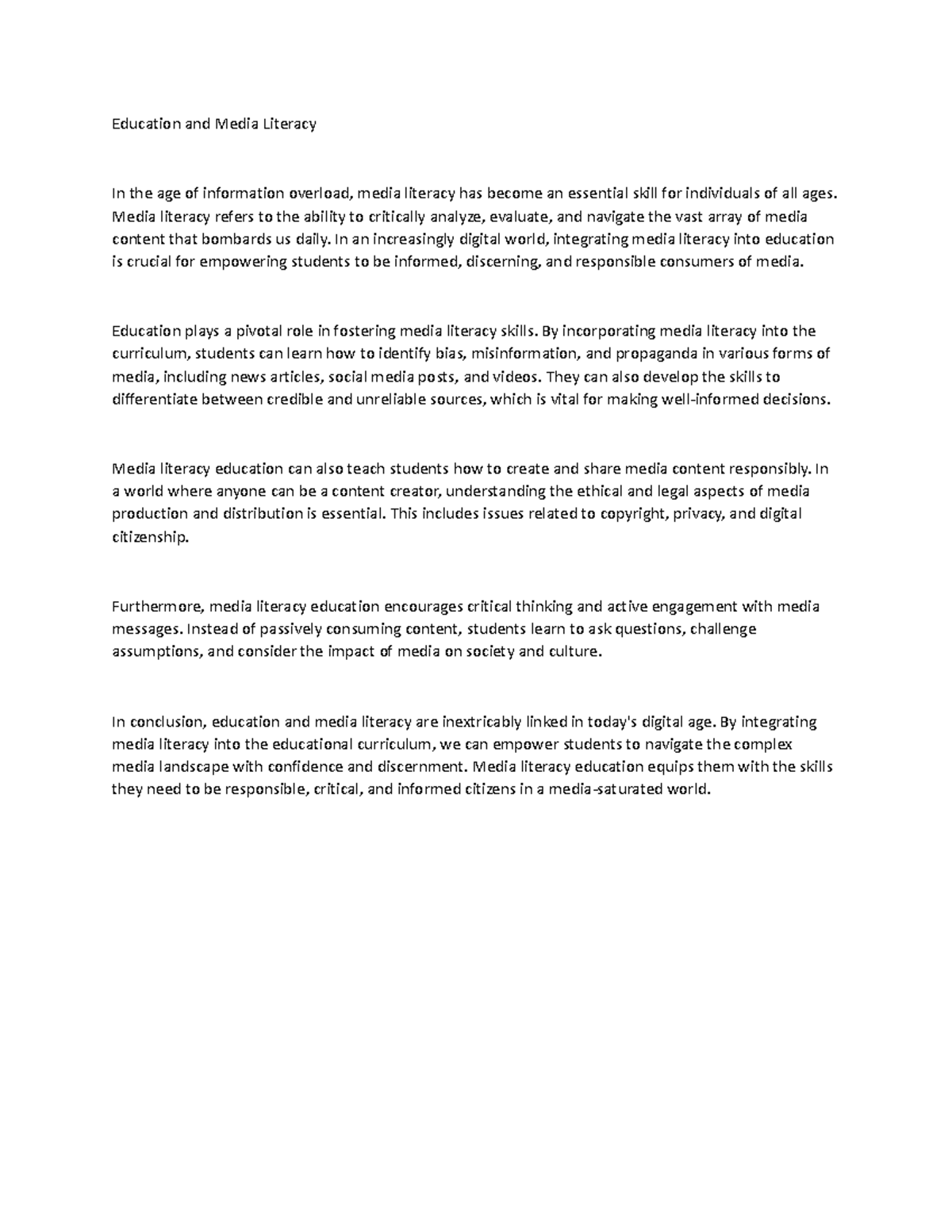 Education And Media Literacy
