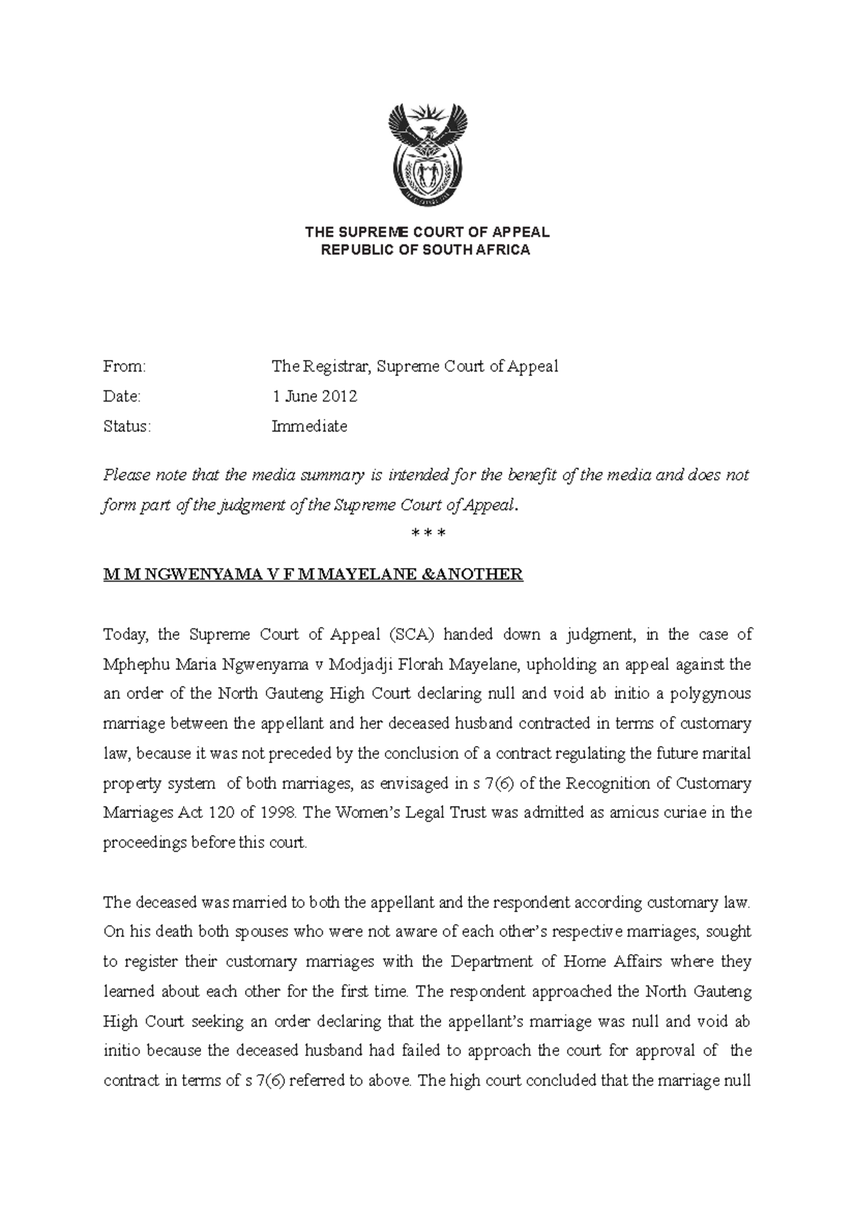 M M Ngwenyama V F M Mayelnae summary - THE SUPREME COURT OF APPEAL ...