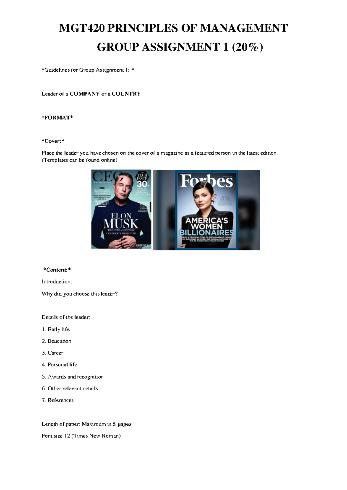 Group Assignment 1 Leader Mgt420 Principles Of Management Group