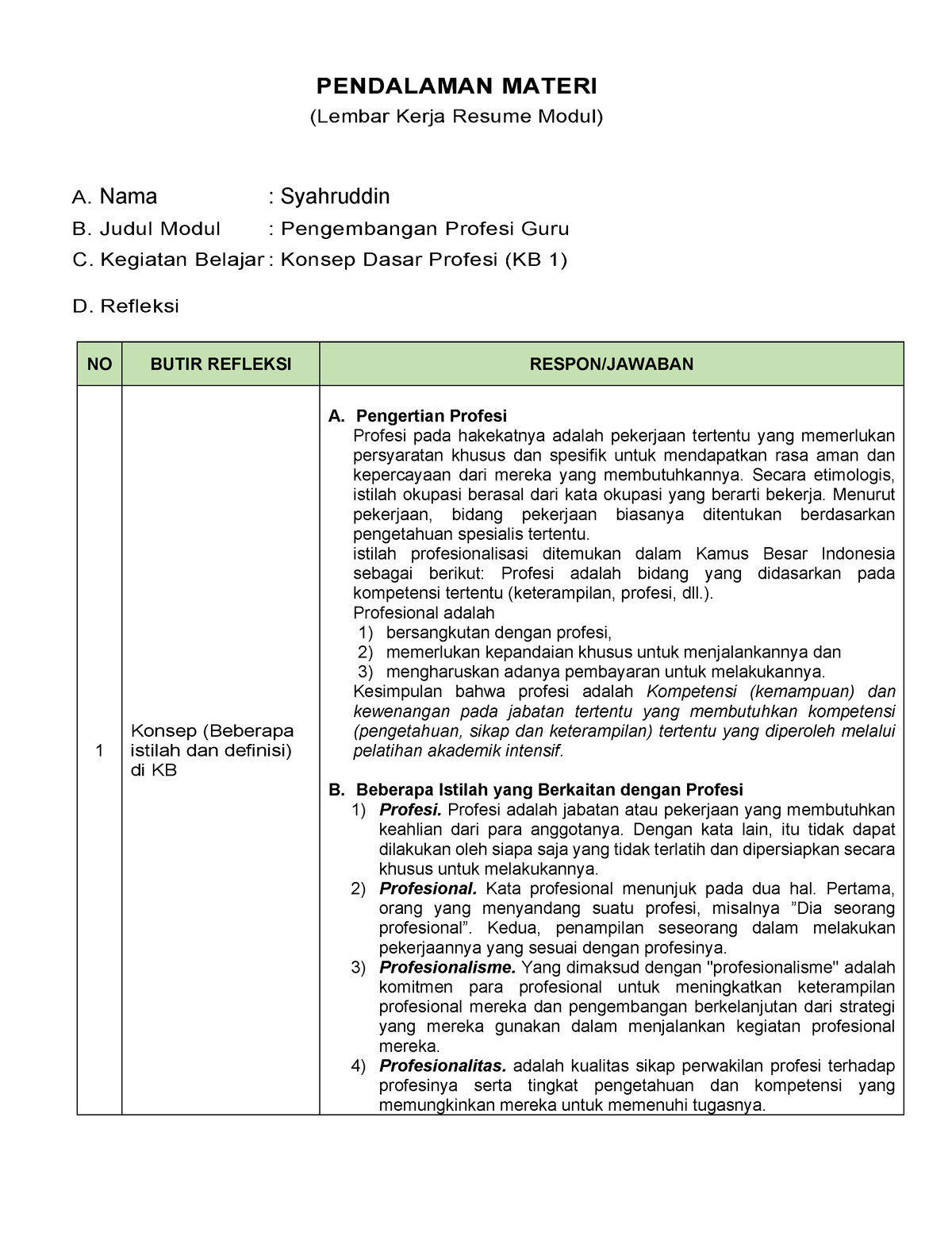 Resume KB 1 Konsep Dasar Profesi ASLI - PENDALAMAN MATERI (Lembar Kerja ...