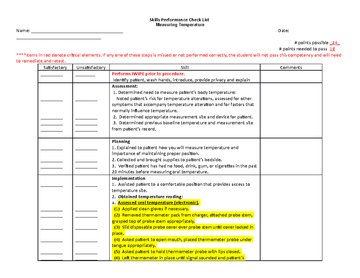 SPC Measuring Temperature Skills Performance Check List Measuring