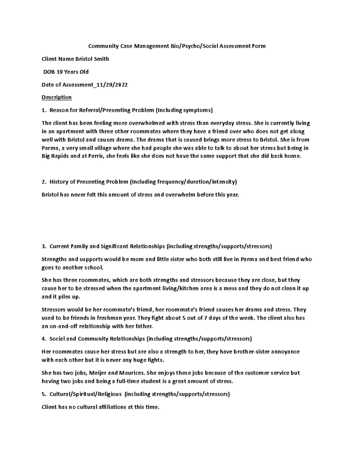 Bio Psycho Social Assessment Form 2 - Community Case Management Bio ...