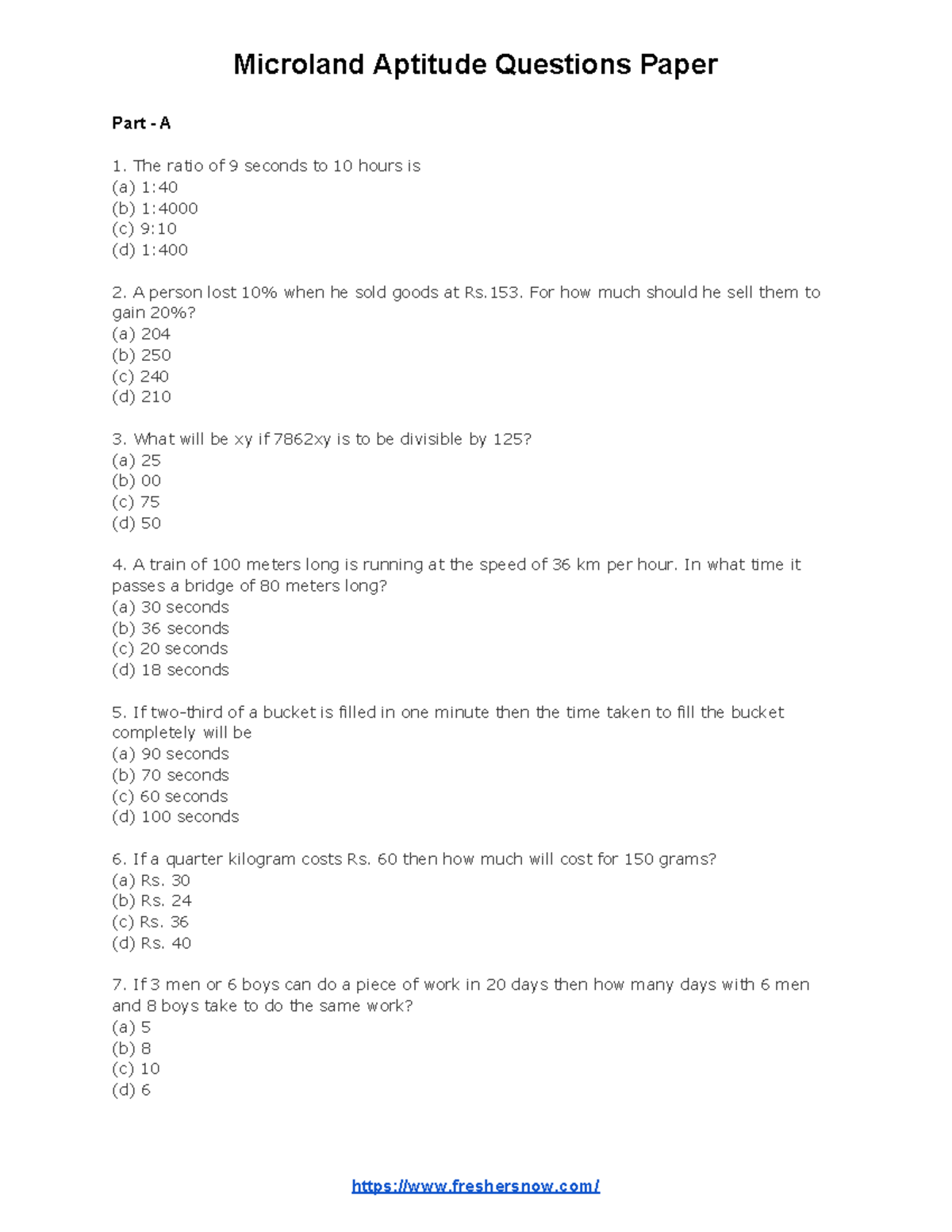 Microland Aptitude Questions Paper - Part - A The ratio of 9 seconds to ...