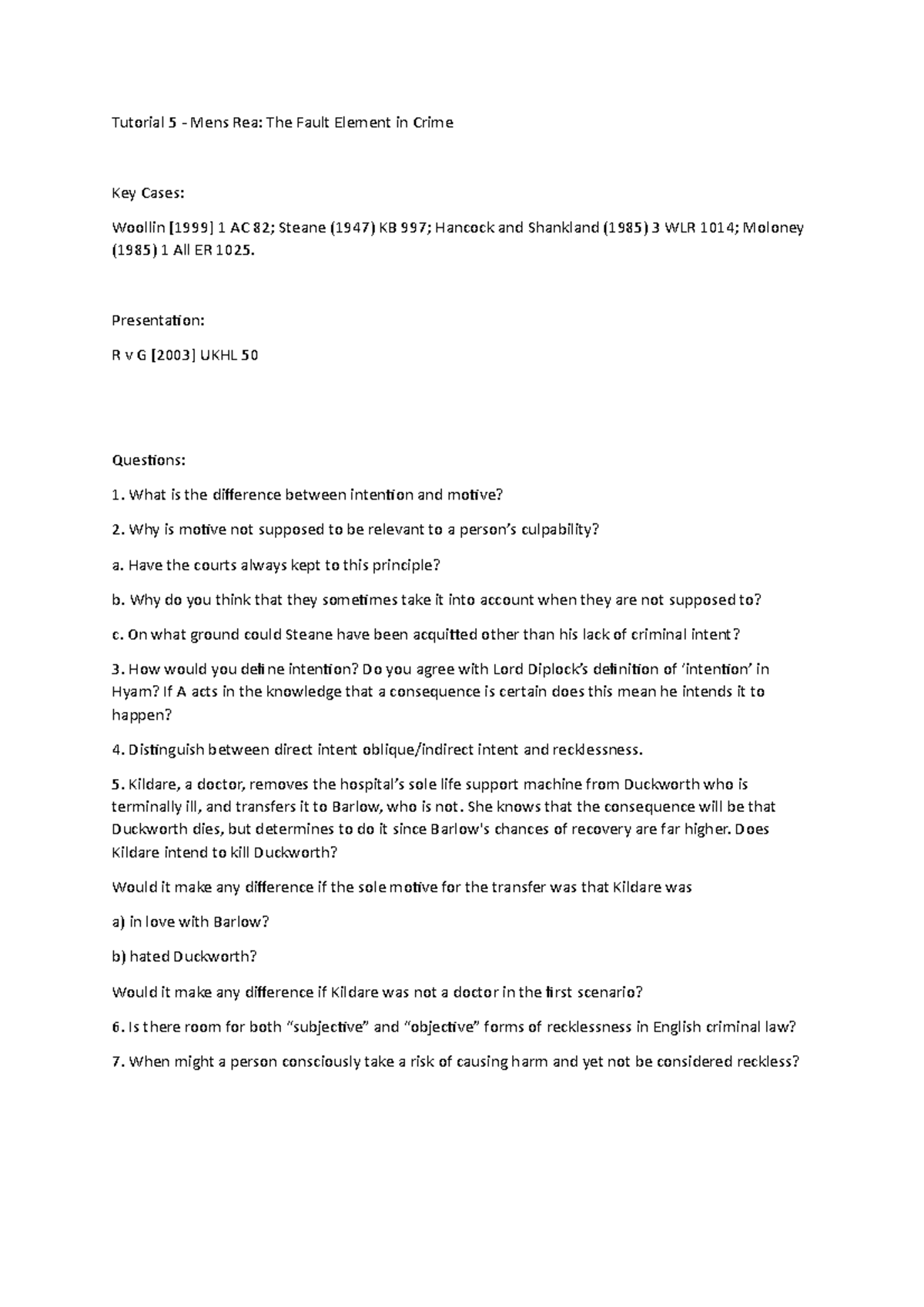 Mens rea 5 lecture notess Tutorial 5 Mens Rea The Fault Element