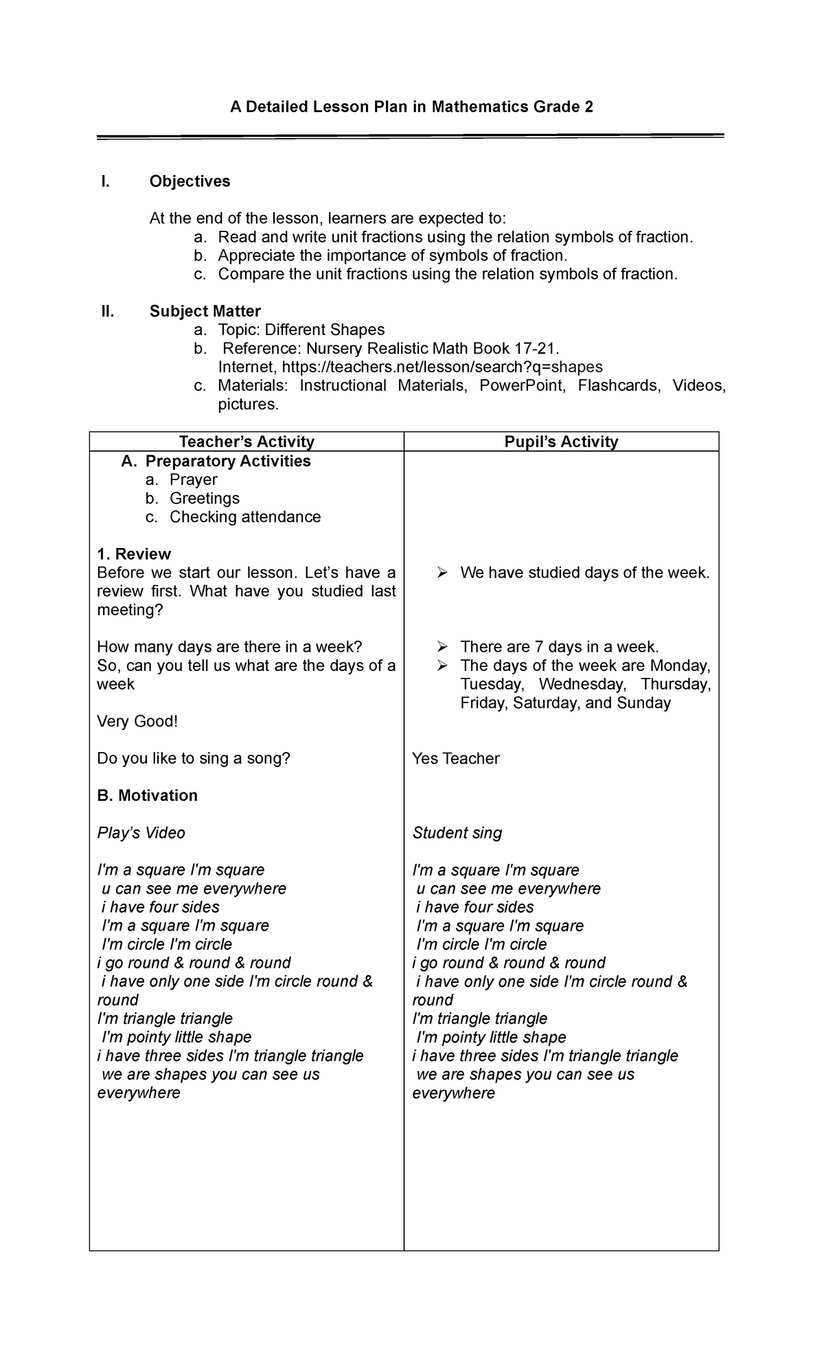 Detailed lesson plan - A Detailed Lesson Plan in Mathematics Grade 2 I ...