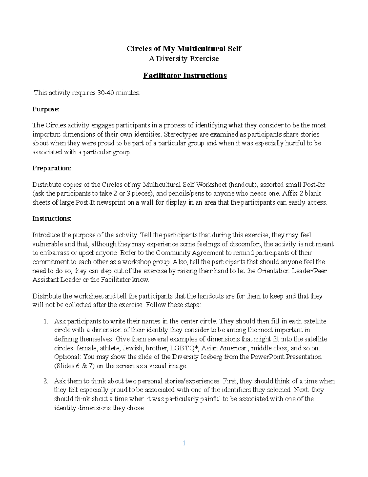 Circles of My Multicultural Self Activity - Instructions - Circles of ...