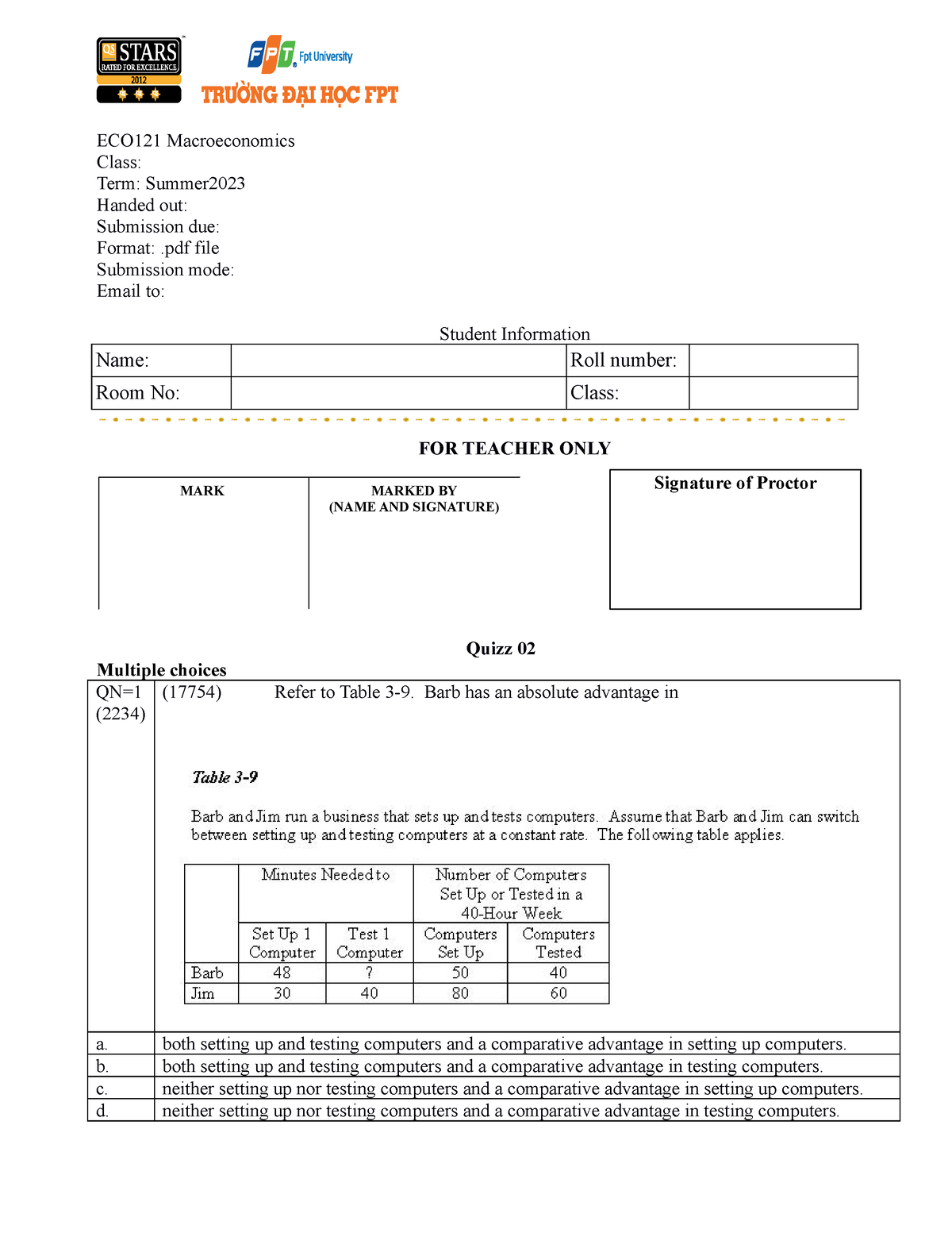 ECO121 Quiz01 Fall2023-2-2 - ECO121 Macroeconomics Class: Term: Summer ...