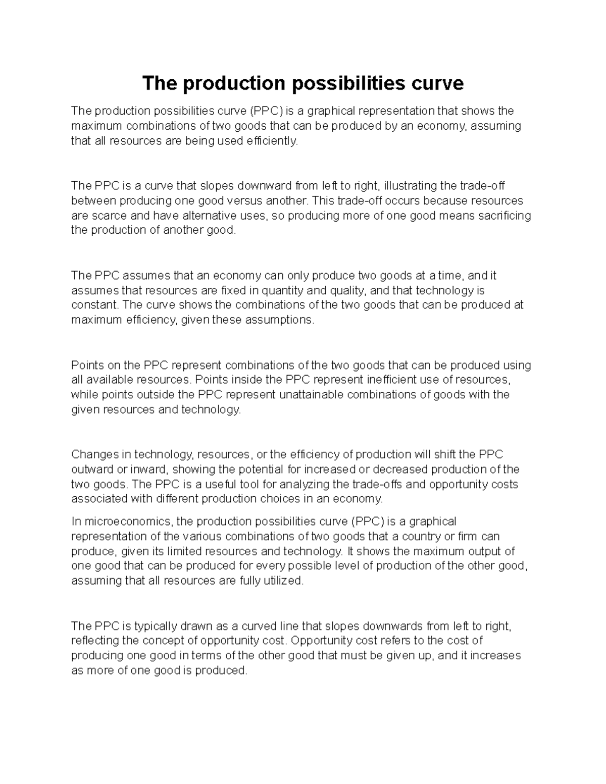 The production possibilities curve - The PPC is a curve that slopes ...