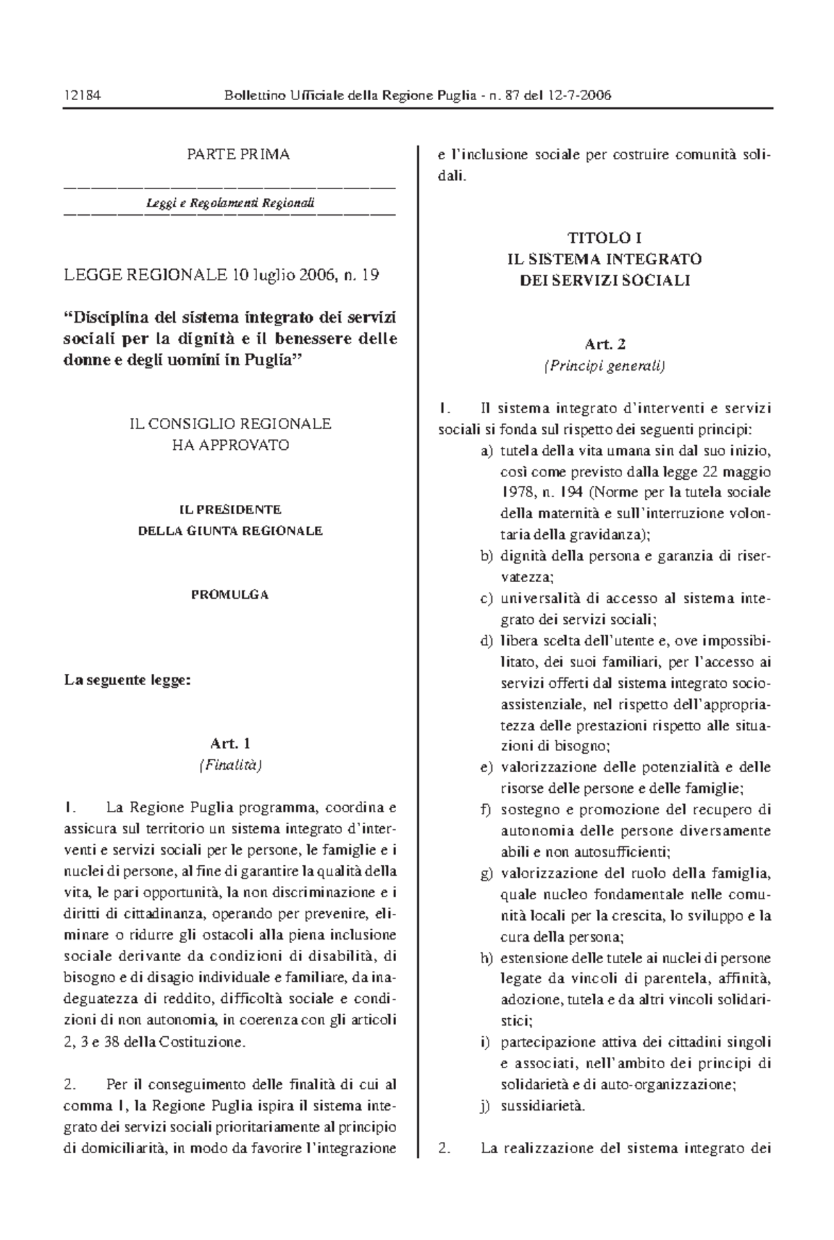 Legge Regionale N. 19 Del 2006 - PA RTE PRIMA