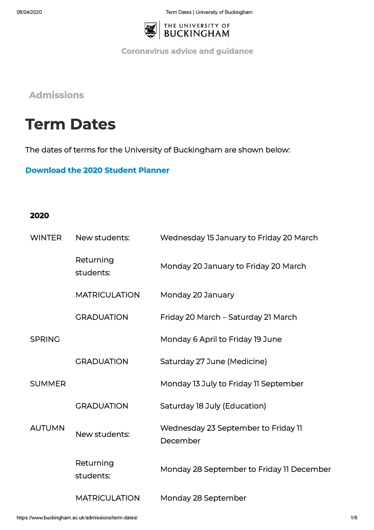 Term Dates University of Buckingham Term Dates The dates of terms for