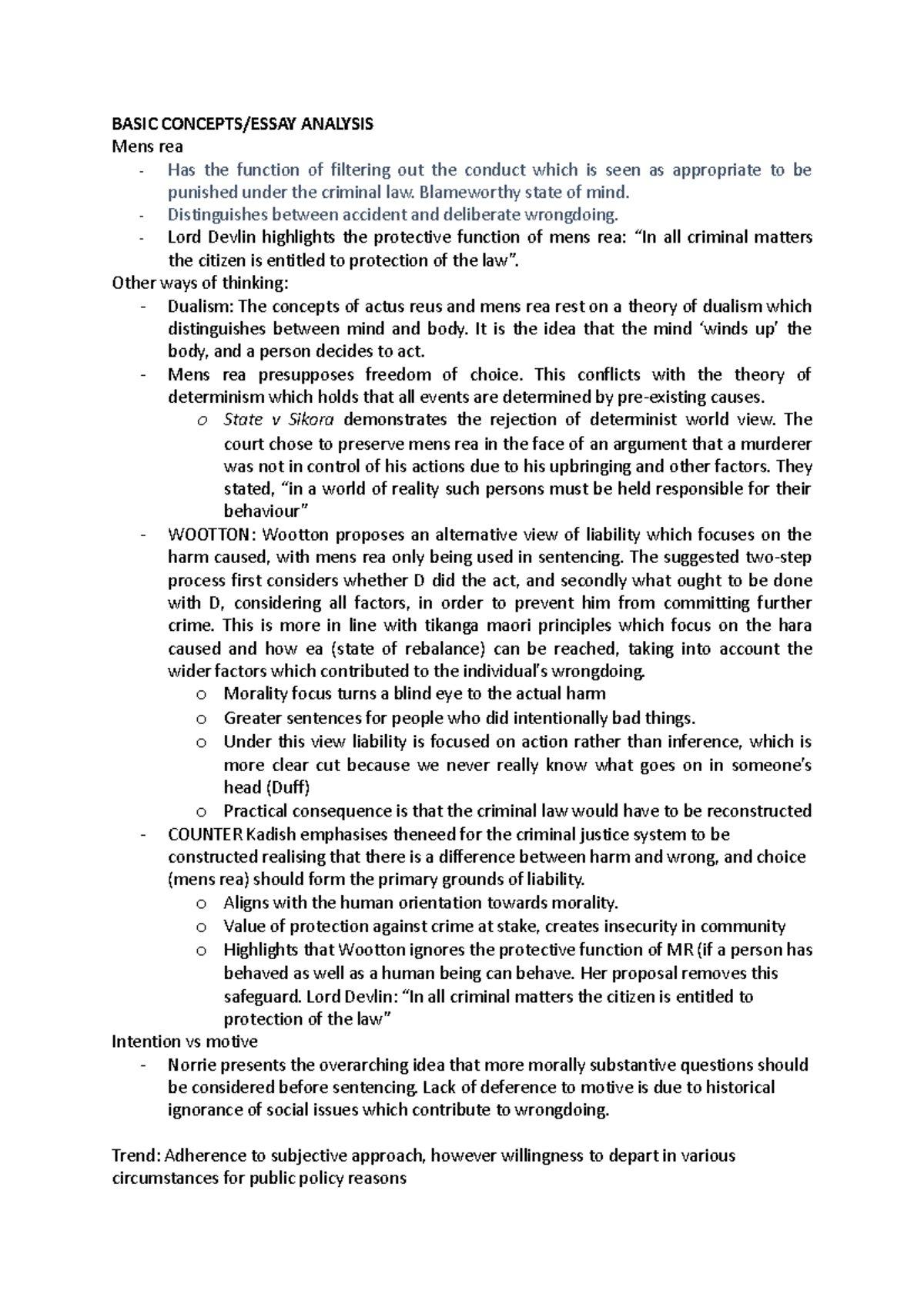 Mens Rea Cheat Sheet BASIC CONCEPTS/ESSAY ANALYSIS Mens rea Has the