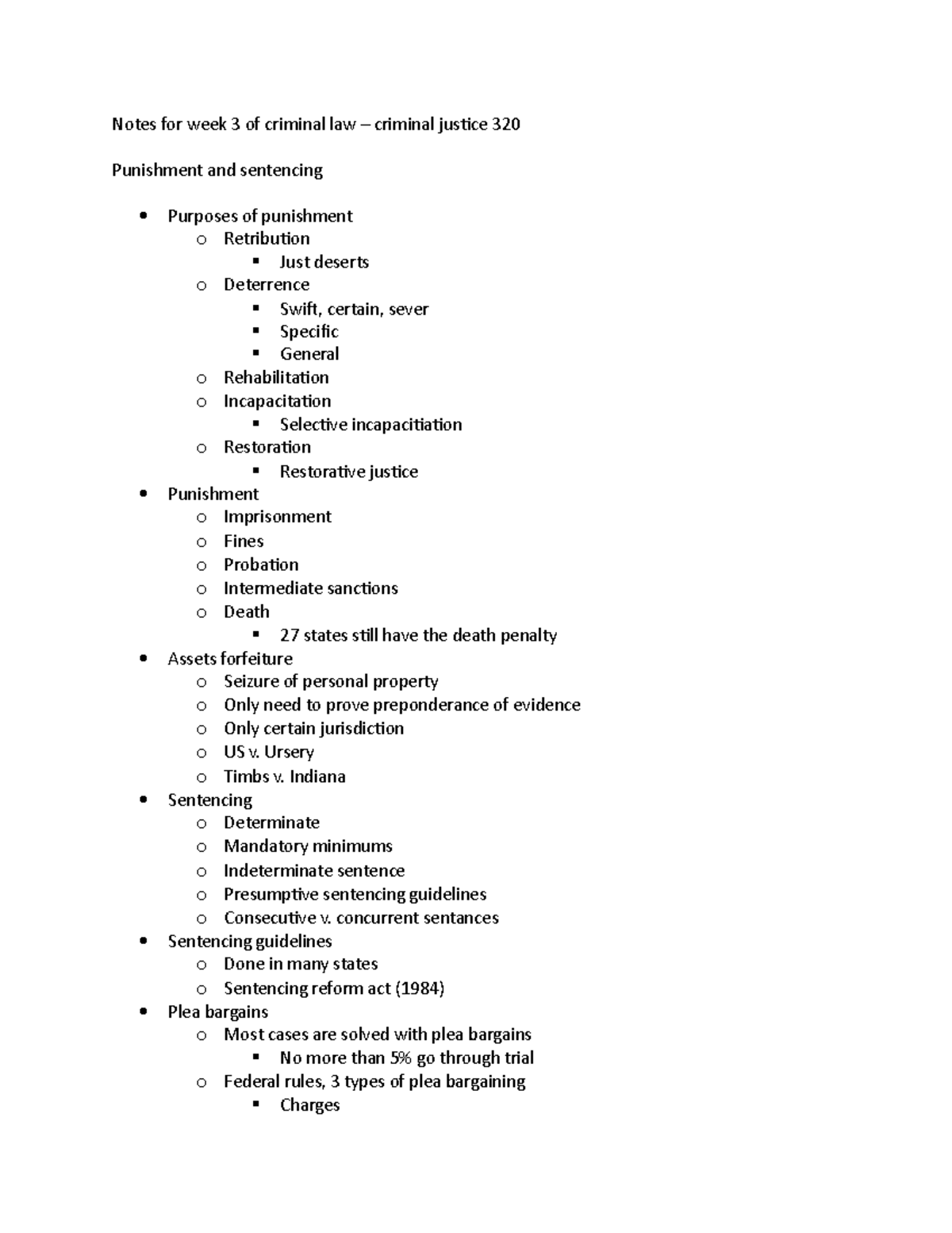 Notes for week 3 of criminal law Ursery o Timbs v. Indiana Sentencing