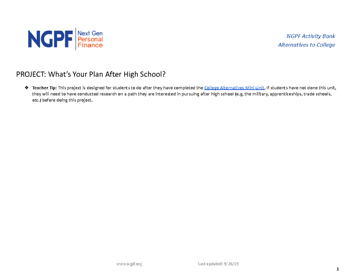 Pt Project What's Your Plan After High School NGPF Activity Bank