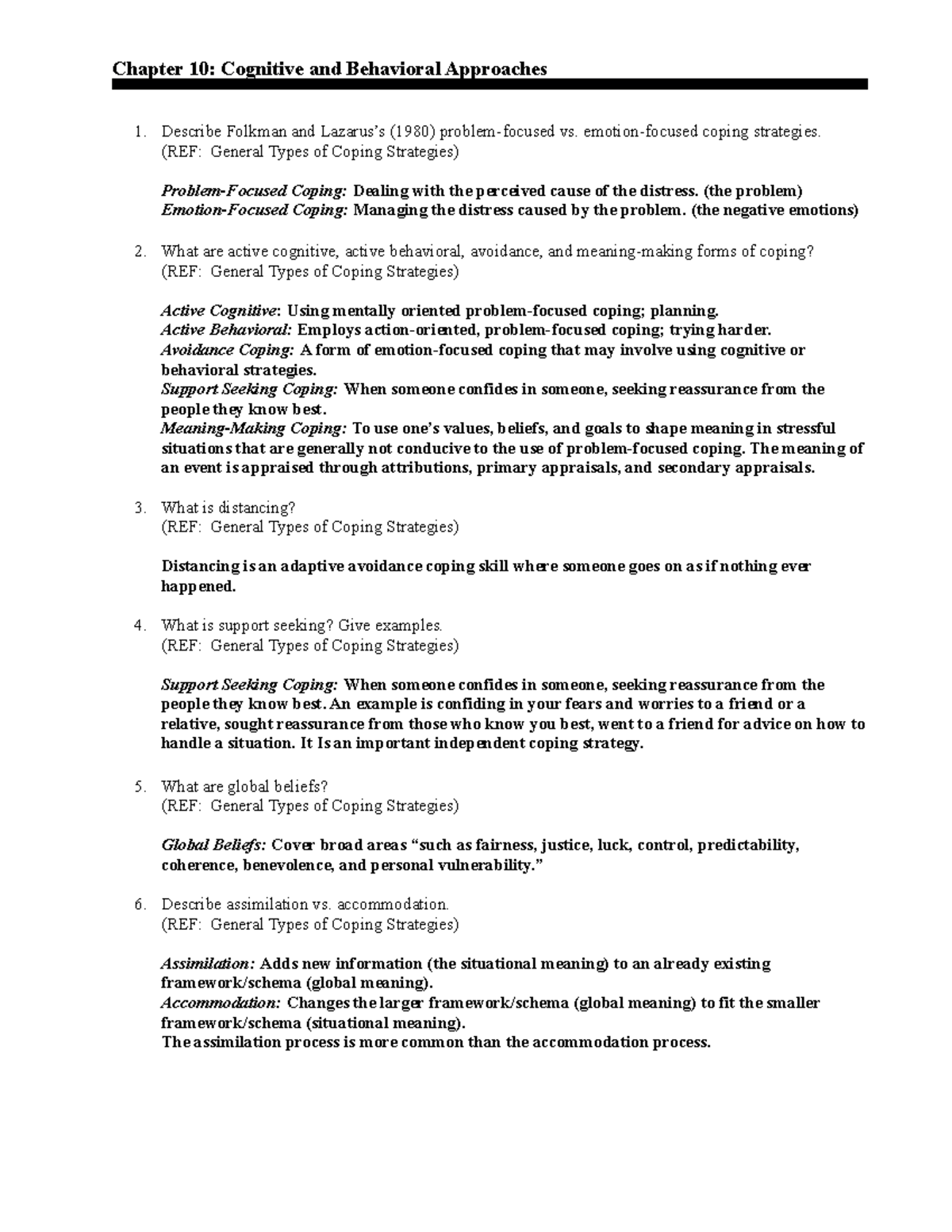 Filled PSY 459 Stress Chapter 10 Study Guide - Chapter 10: Cognitive ...