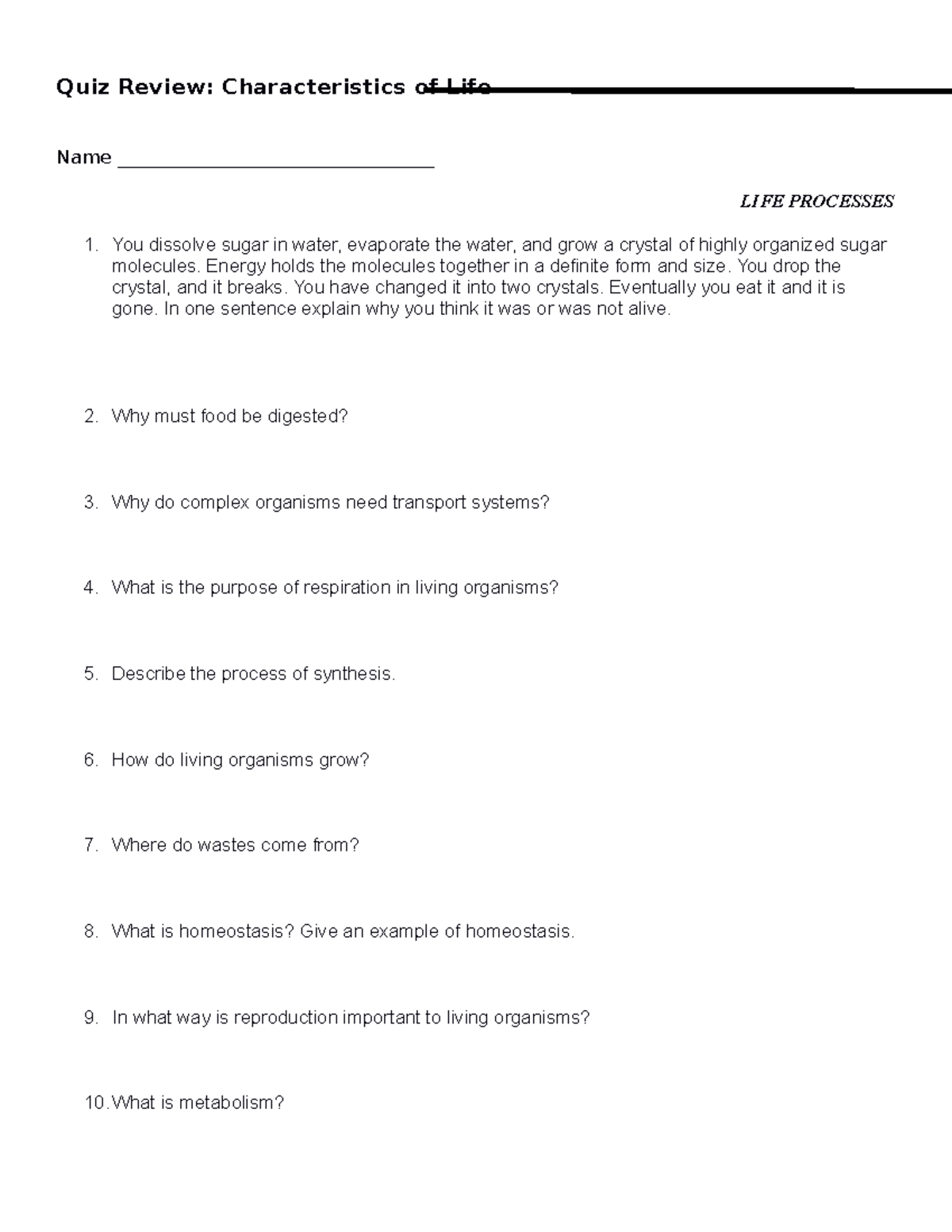 Characteritics of Life Quiz Review Quiz Review Characteristics of