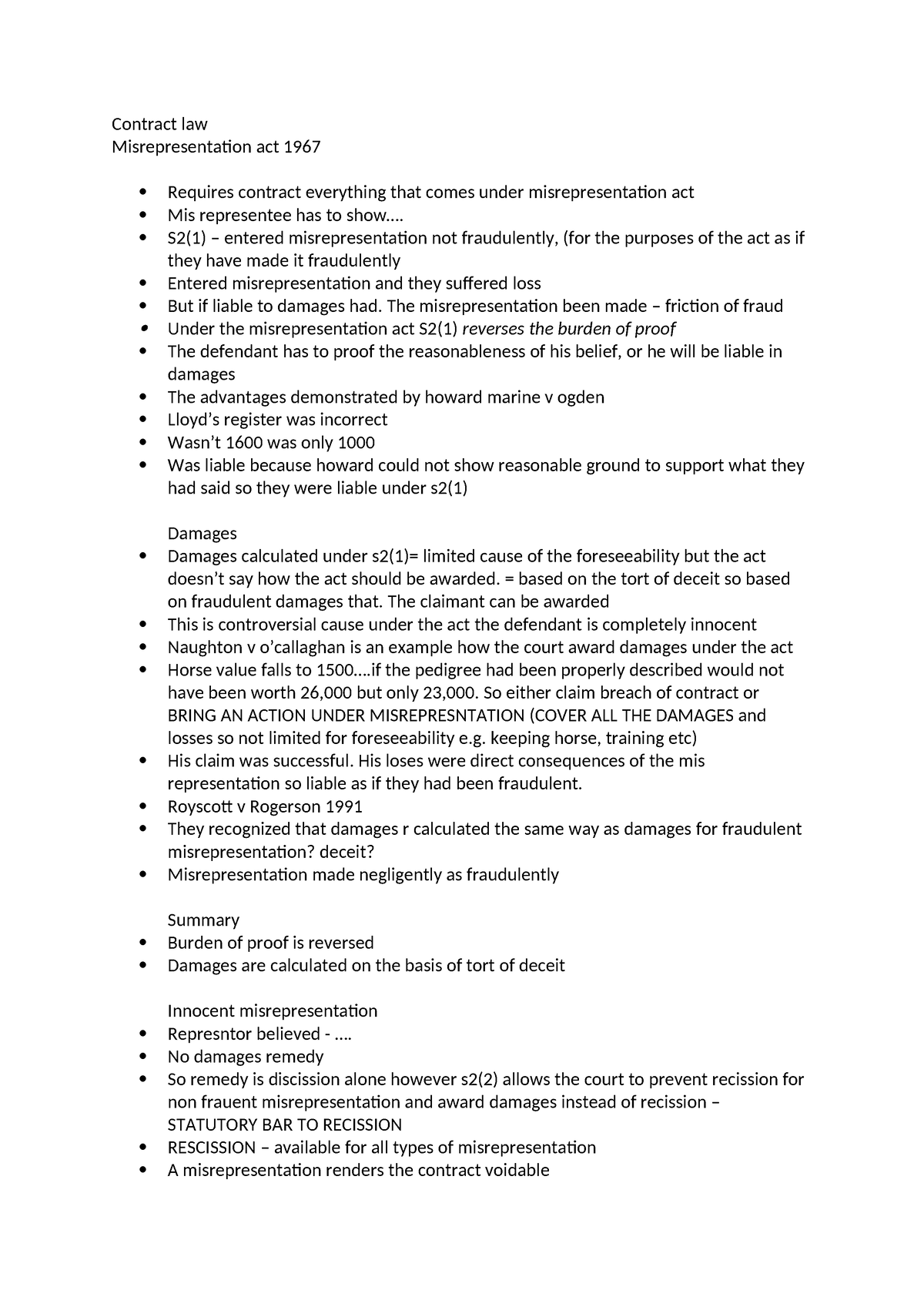 Contract Law - Essay - Contract Law Misrepresentation Act 1967 Requires ...