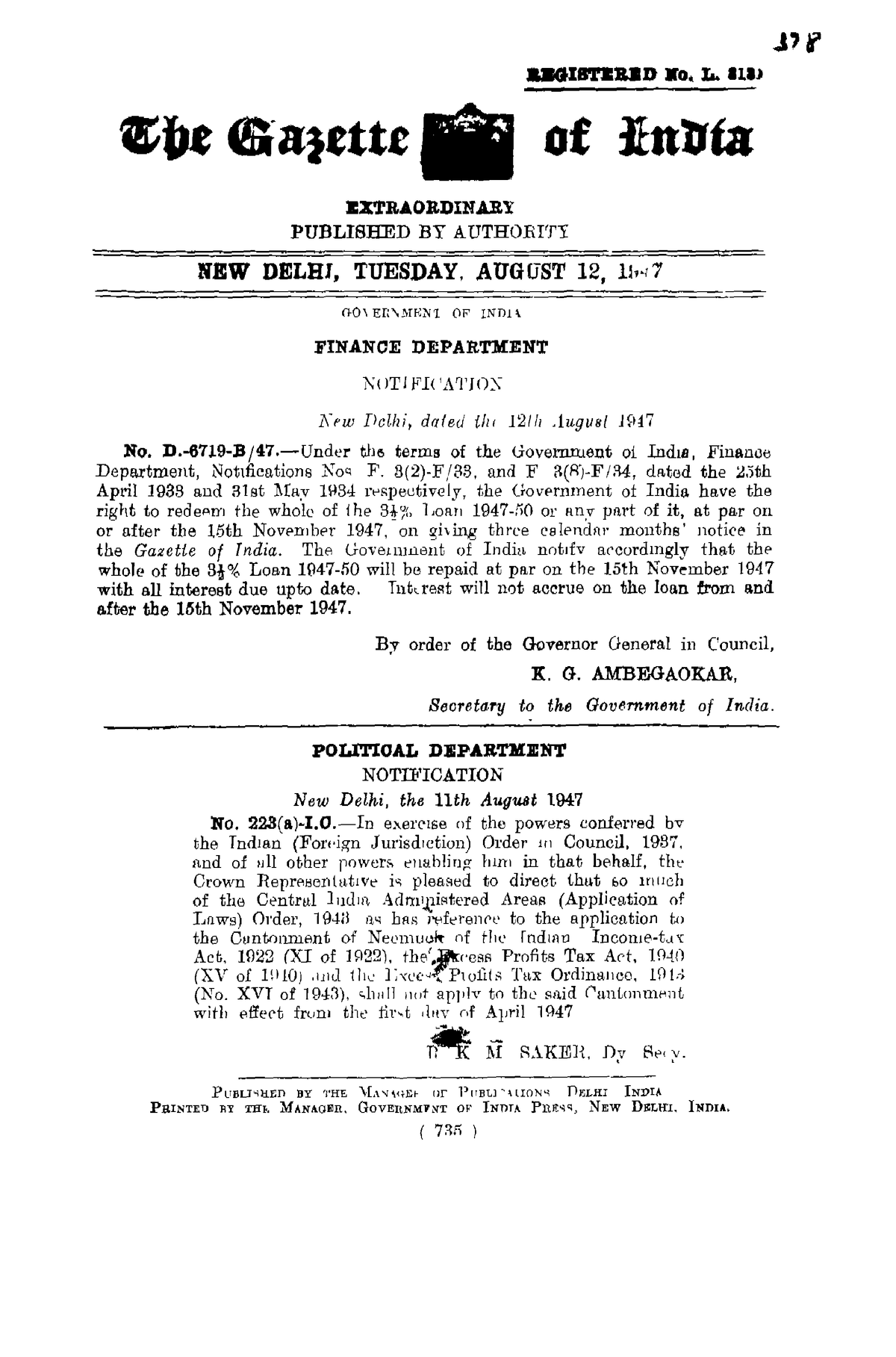 E 2372 1947 0000 110376 - REGISTERED No. L. 3131 The Gazette Of India ...