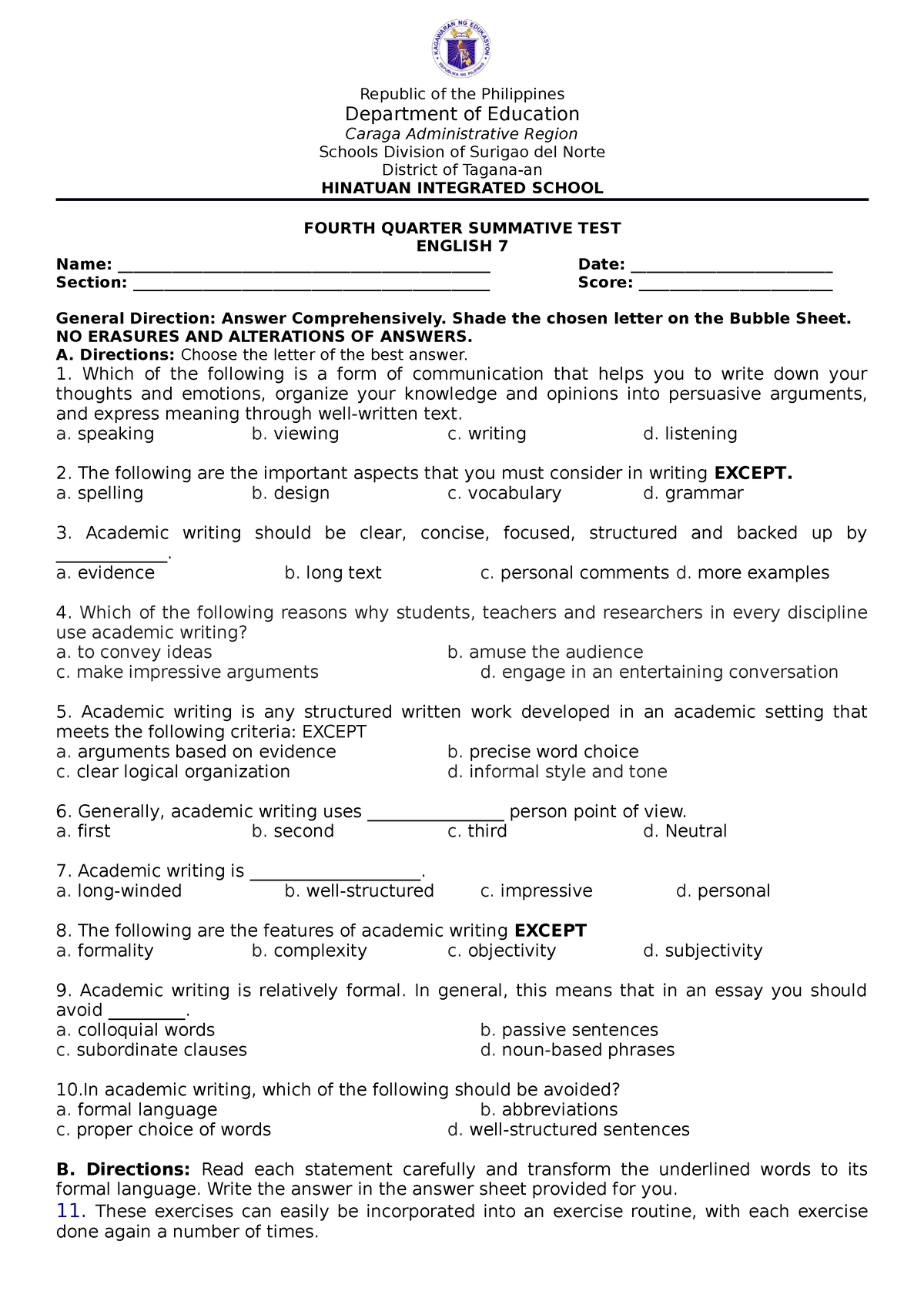 4TH QUARTER PERIODICAL EXAM IN ENGLISH 7 - Republic of the Philippines ...