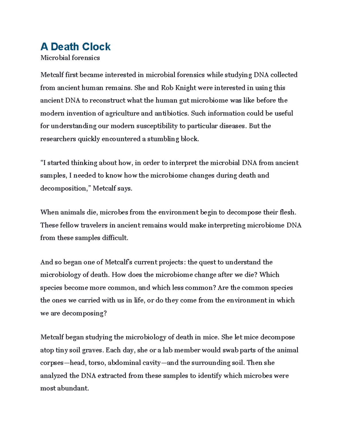 Bio ch. 17.2- A Death Clock - A Death Clock Microbial forensics Metcalf ...