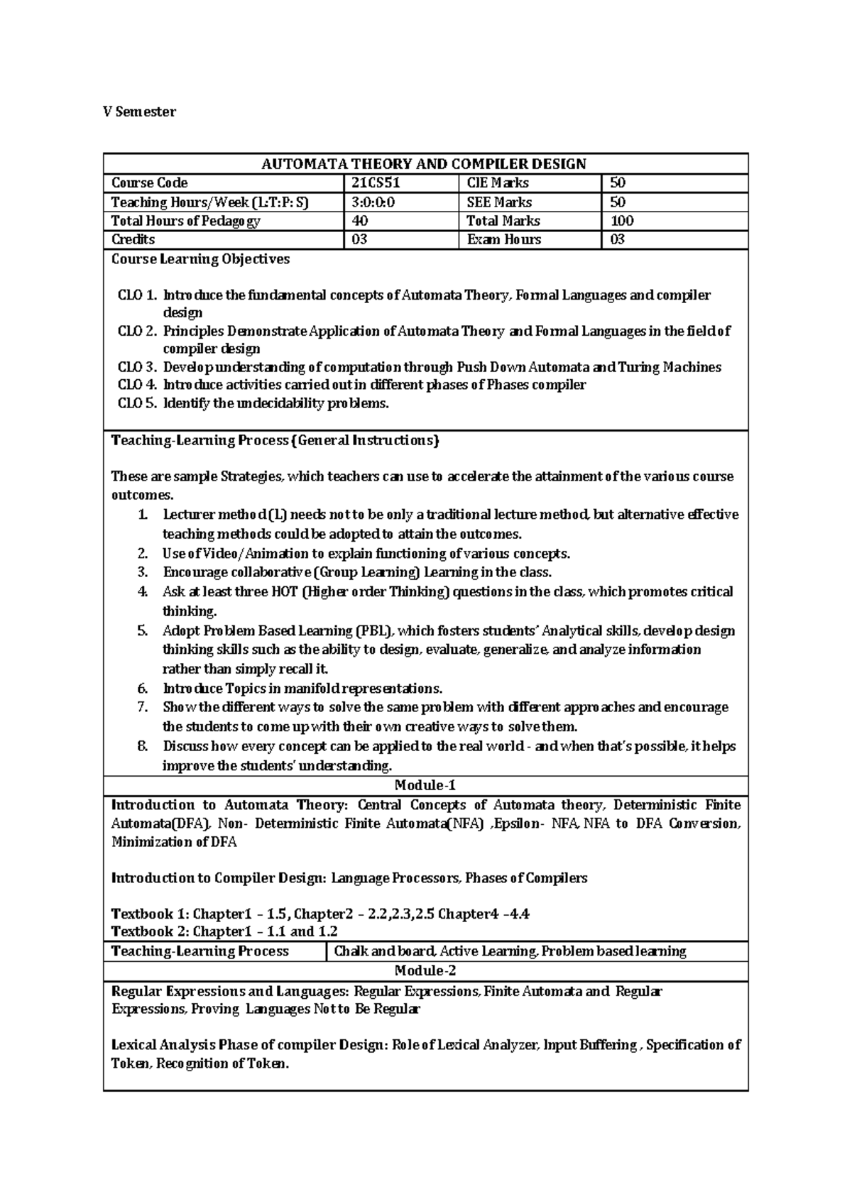 Syllabus Copy - V Semester AUTOMATA THEORY AND COMPILER DESIGN Course ...