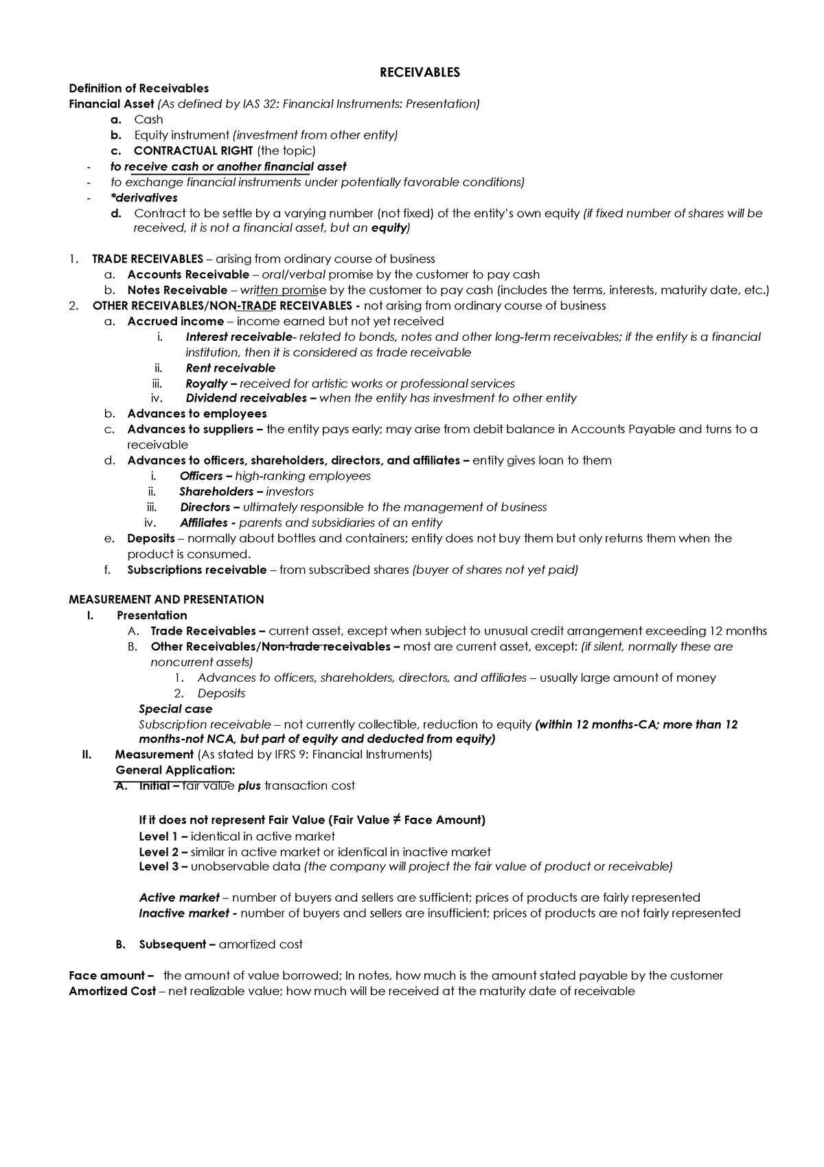 copy of receivables summaries - RECEIVABLES Definition of Receivables ...