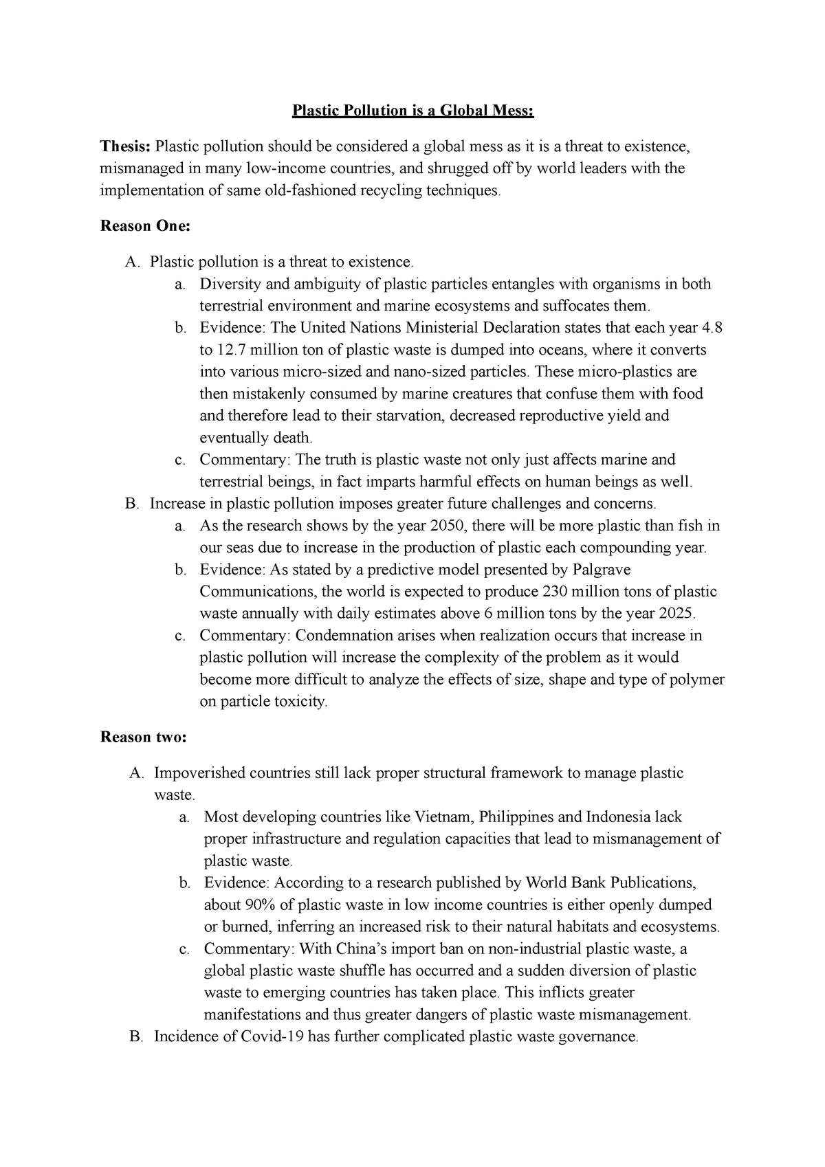 thesis statement example for plastic pollution