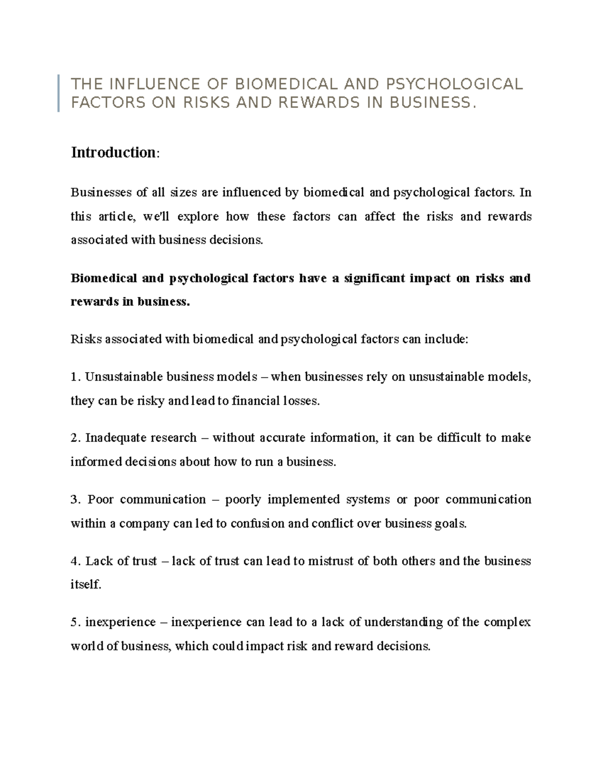 THE Influence OF Biomedical AND Psychological Factors ON Risks AND ...