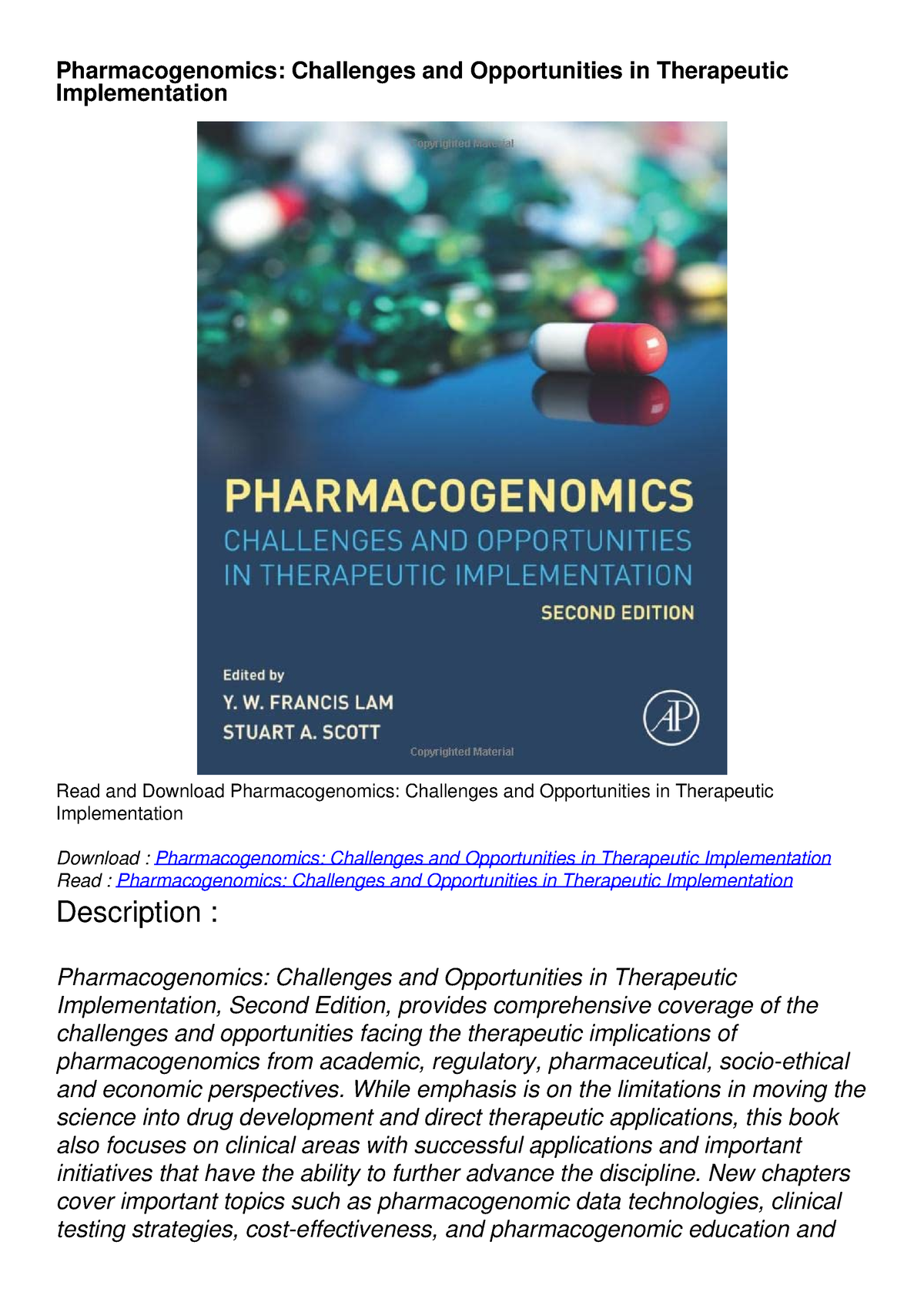 PDF/READ/DOWNLOAD Pharmacogenomics: Challenges And Opportunities In ...