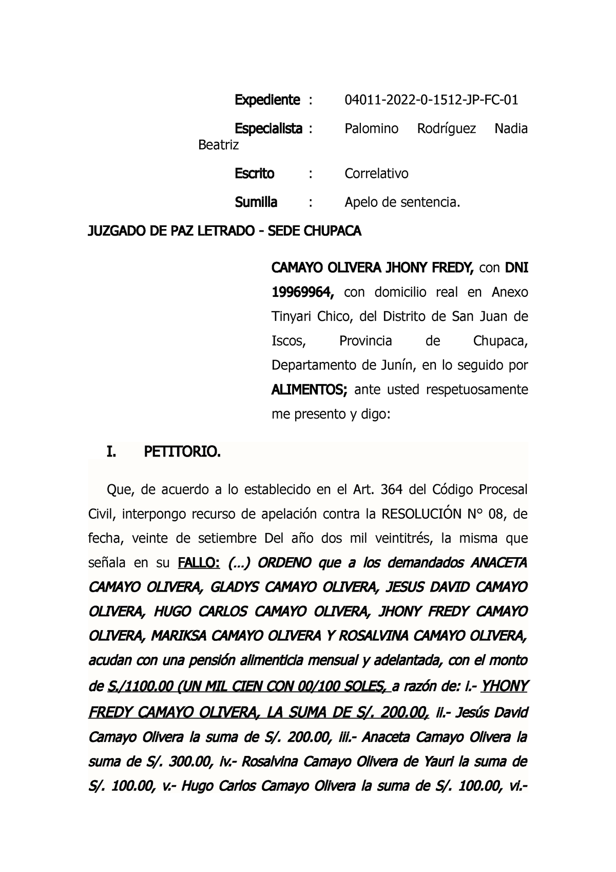 Apelacion DE Sentencia DE Alimentos Expediente 04011202201512JP