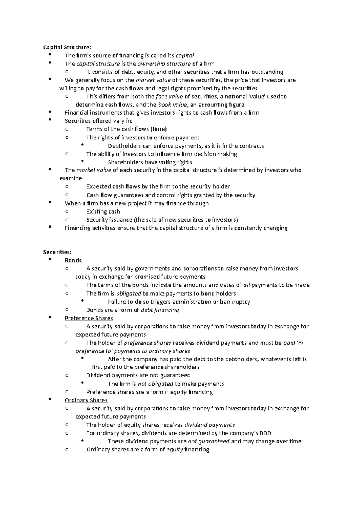 Fins quiz 2 notes - Capital Structure: The firm's source of financing ...