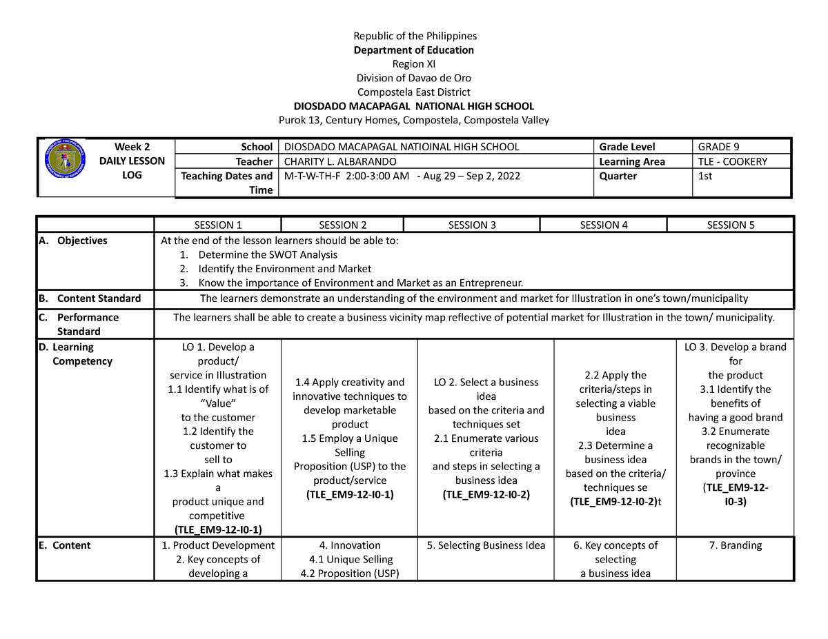 TLE 9 Cookery WEEK 2 - DLL - Republic Of The Philippines Department Of ...