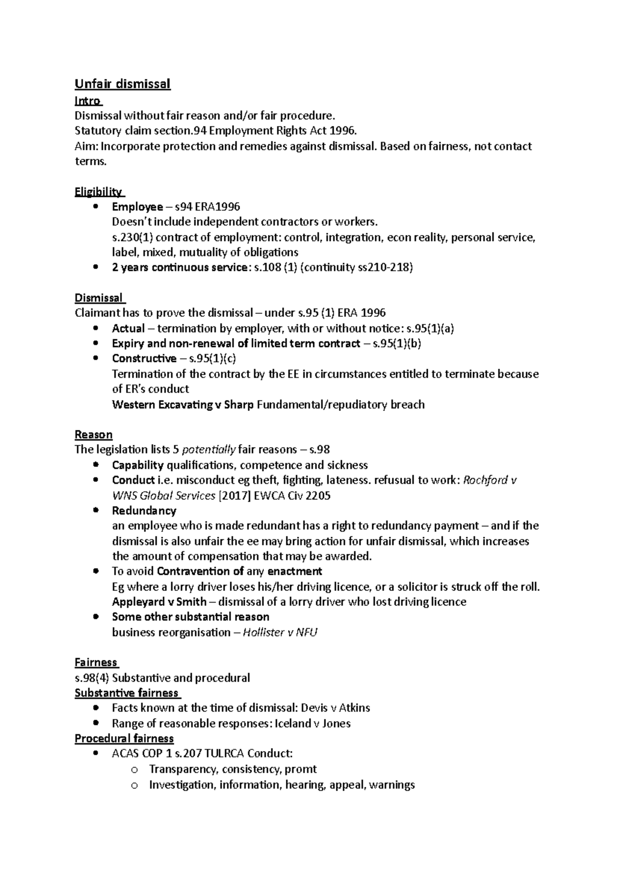 Exam Notes for employment law - Unfair dismissal Intro Dismissal ...