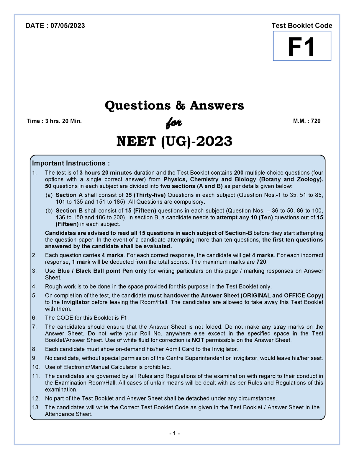 NEET 7th may 2023 paper with key - Questions & Answers for NEET (UG ...