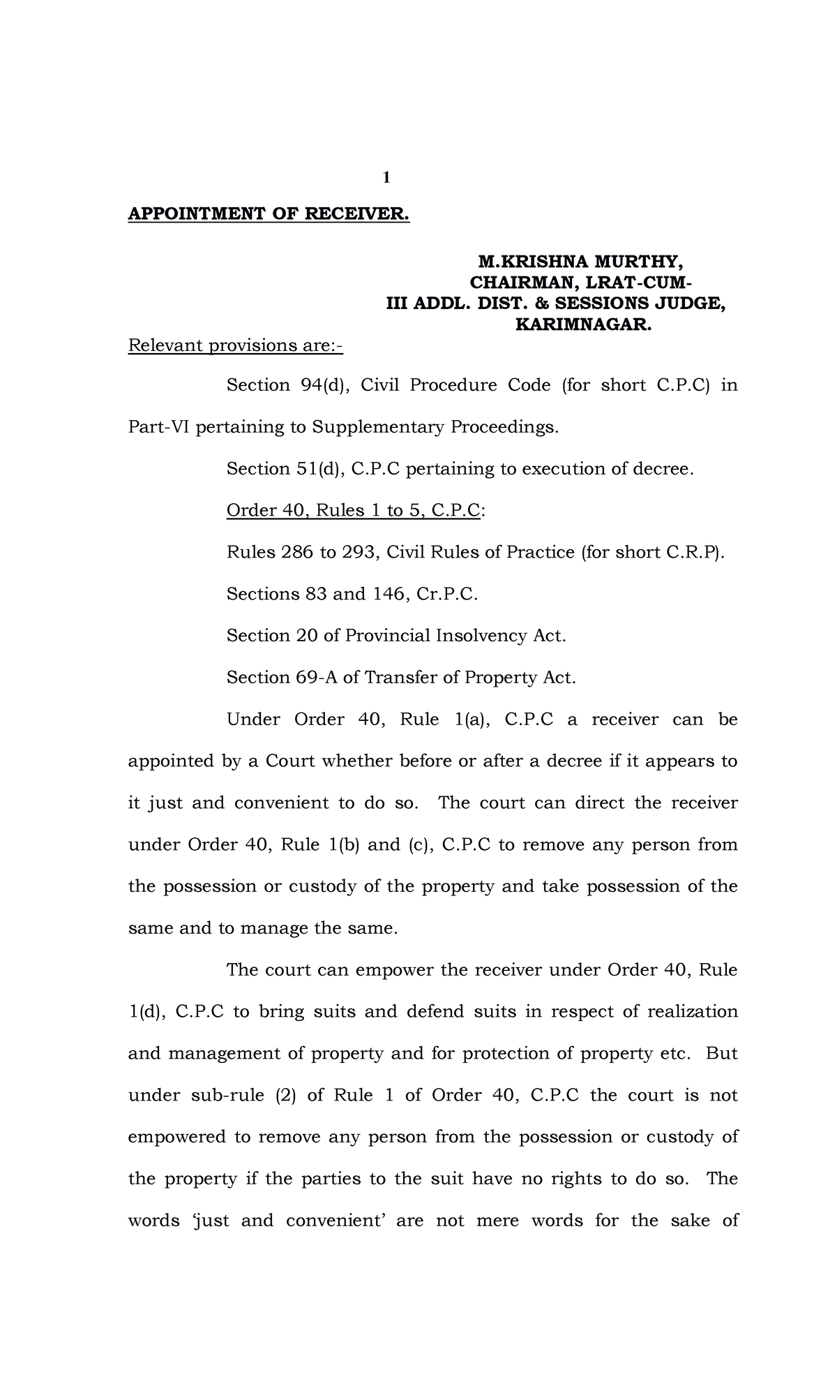 Appointment of Receiver III ADJ 1 APPOINTMENT OF RECEIVER. CHAIRMAN